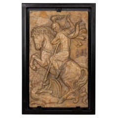 Antique 19th Century Italian Marble Plaque of George Slaying the Dragon, C.1870