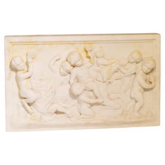 19th Century Italian Marble Plaque with Cherub Scene, in the Manner of Clodion