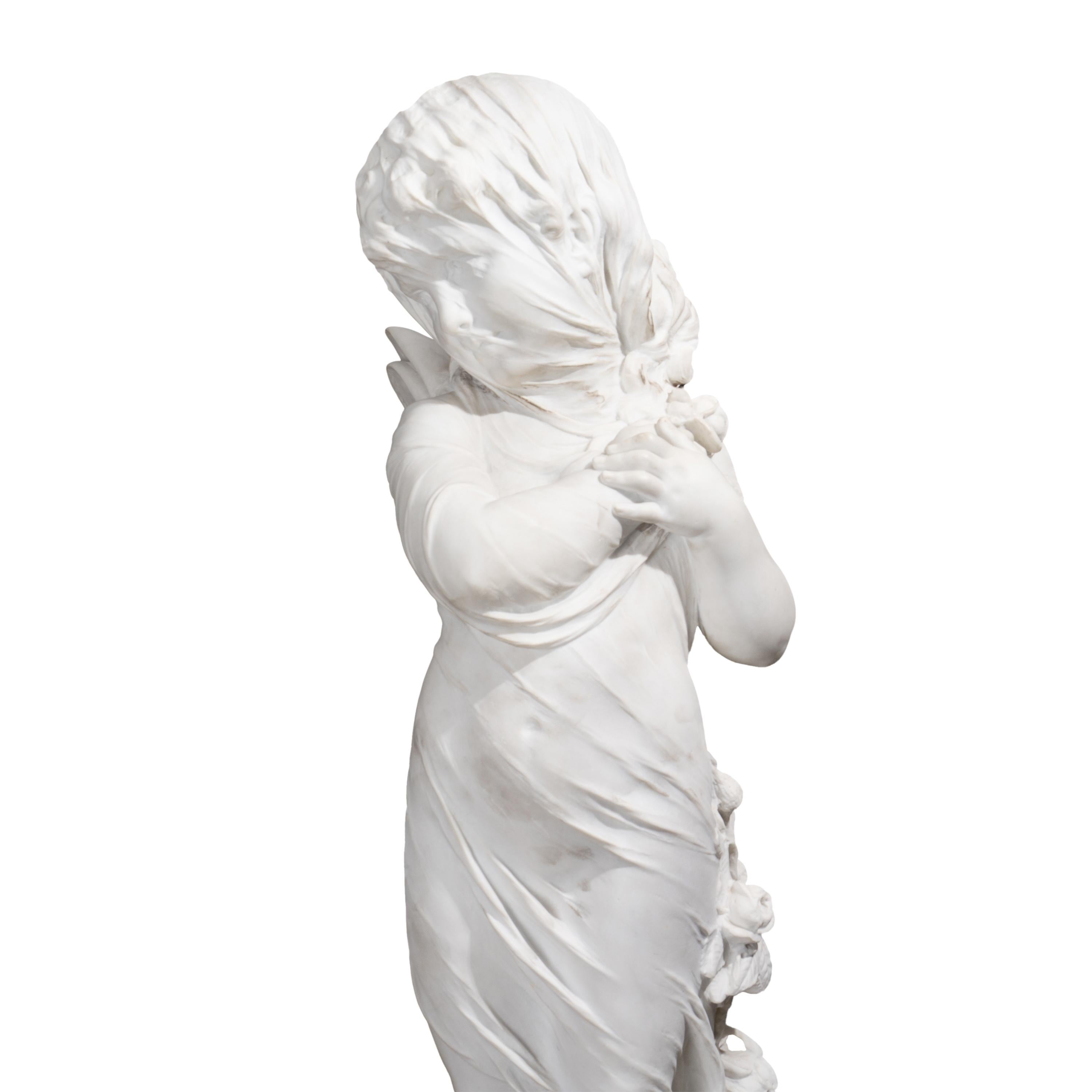 Hand-Carved 19th Century Italian Marble Sculpture of Cupid Veiled by Orazio Andreoni  For Sale