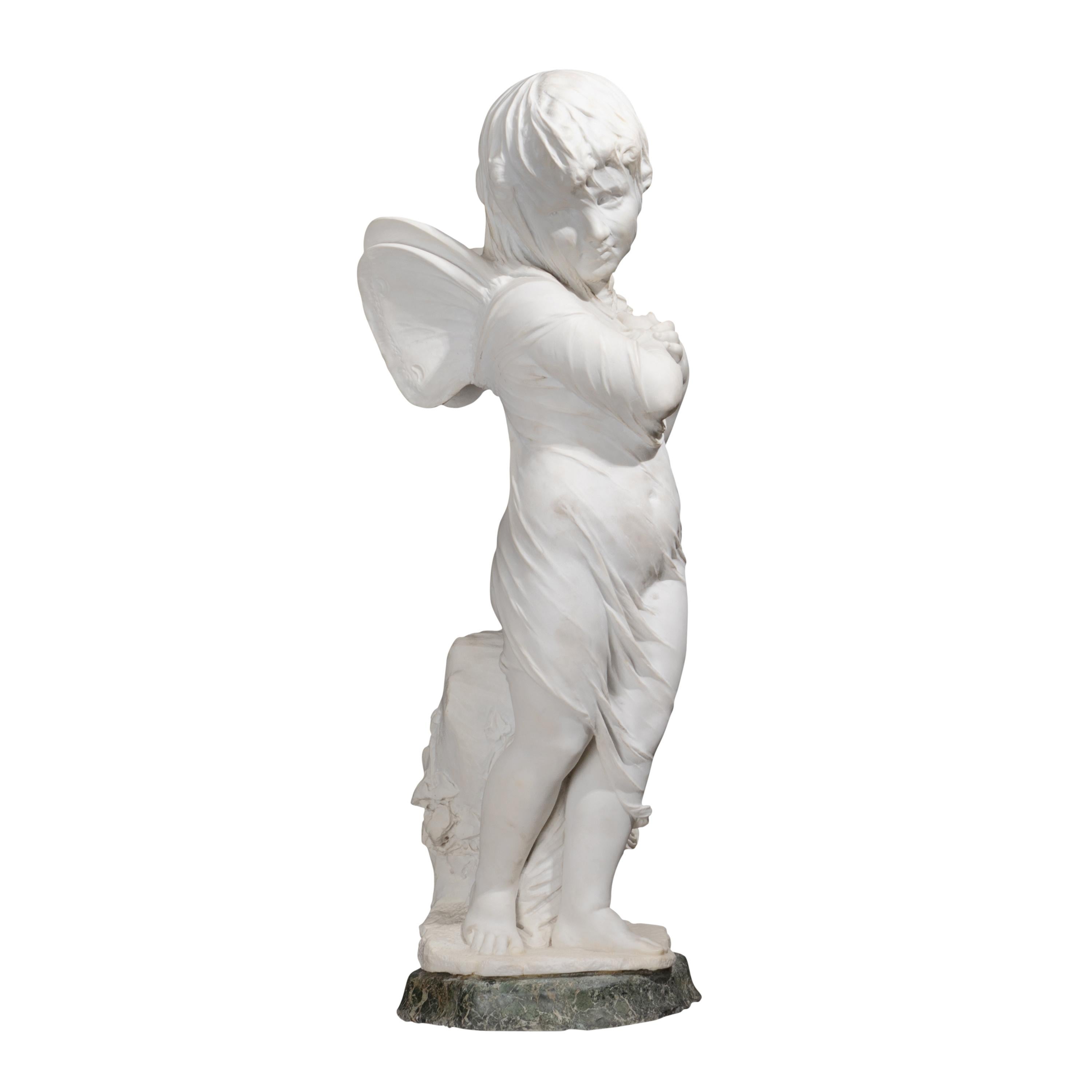 Carrara Marble 19th Century Italian Marble Sculpture of Cupid Veiled by Orazio Andreoni  For Sale