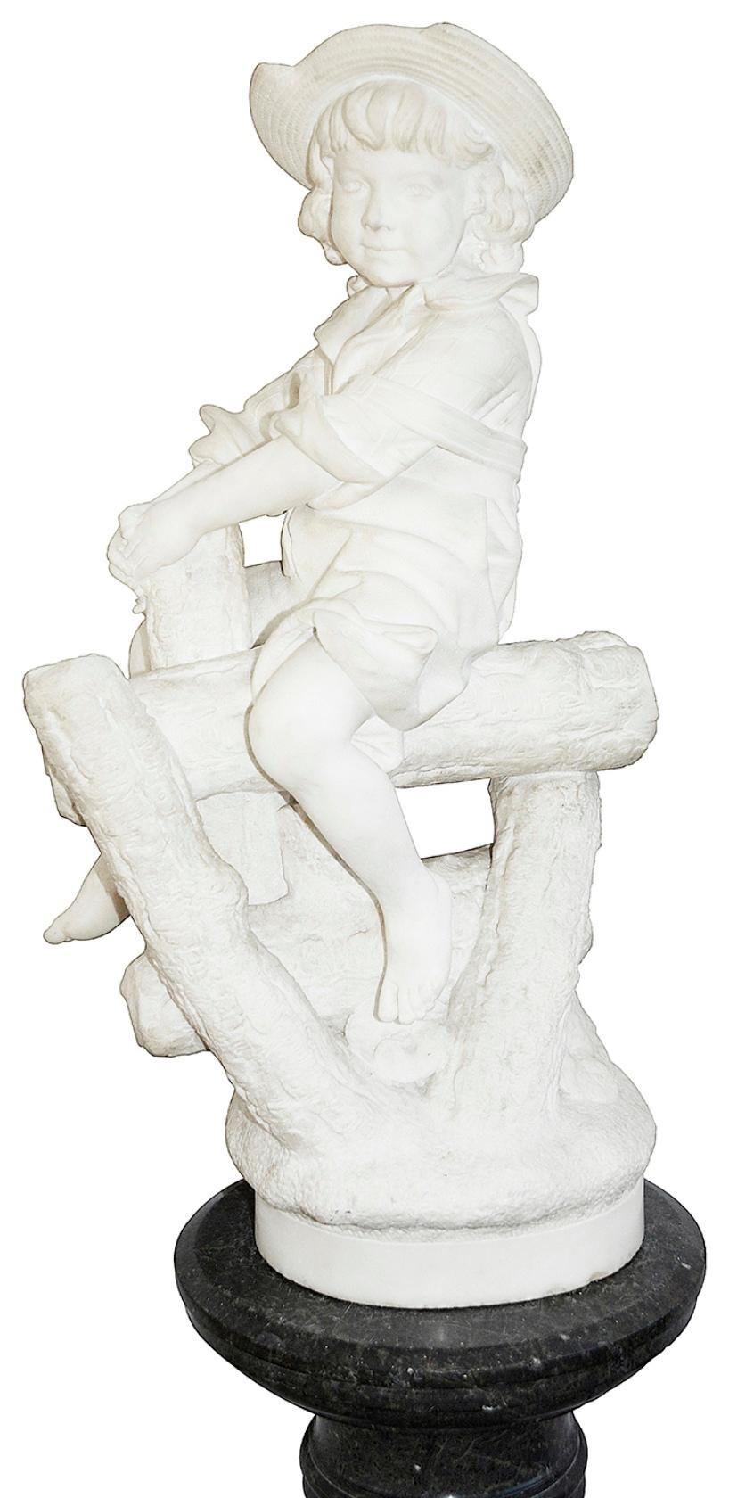 Romantic 19th Century Italian Marble Statue of Boy on Fence For Sale