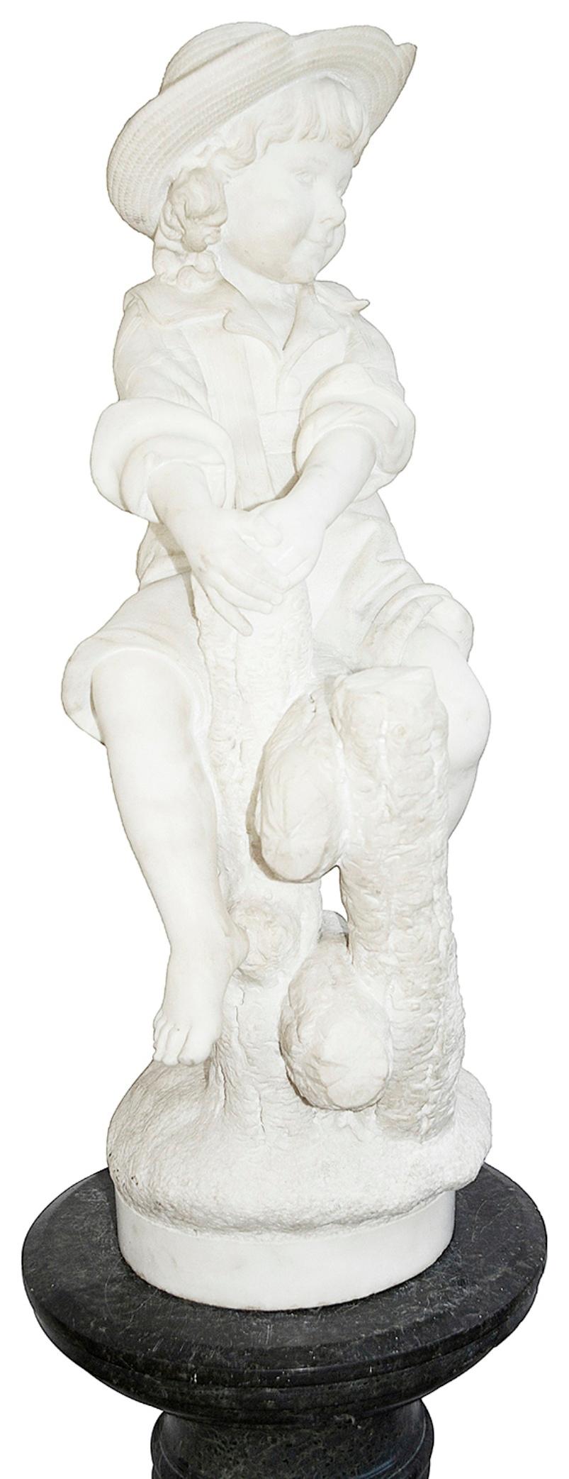 Hand-Carved 19th Century Italian Marble Statue of Boy on Fence For Sale