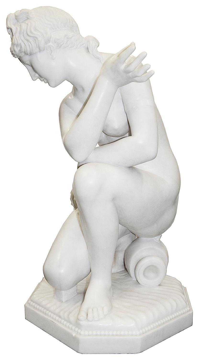 A fine quality late 19th century carrera marble statue of ' Crouching Venus'.

Marble statue of a naked Aphrodite crouching at her bath, also known as Lely’s Venus.

After the Greek original, 2nd century AD. 

