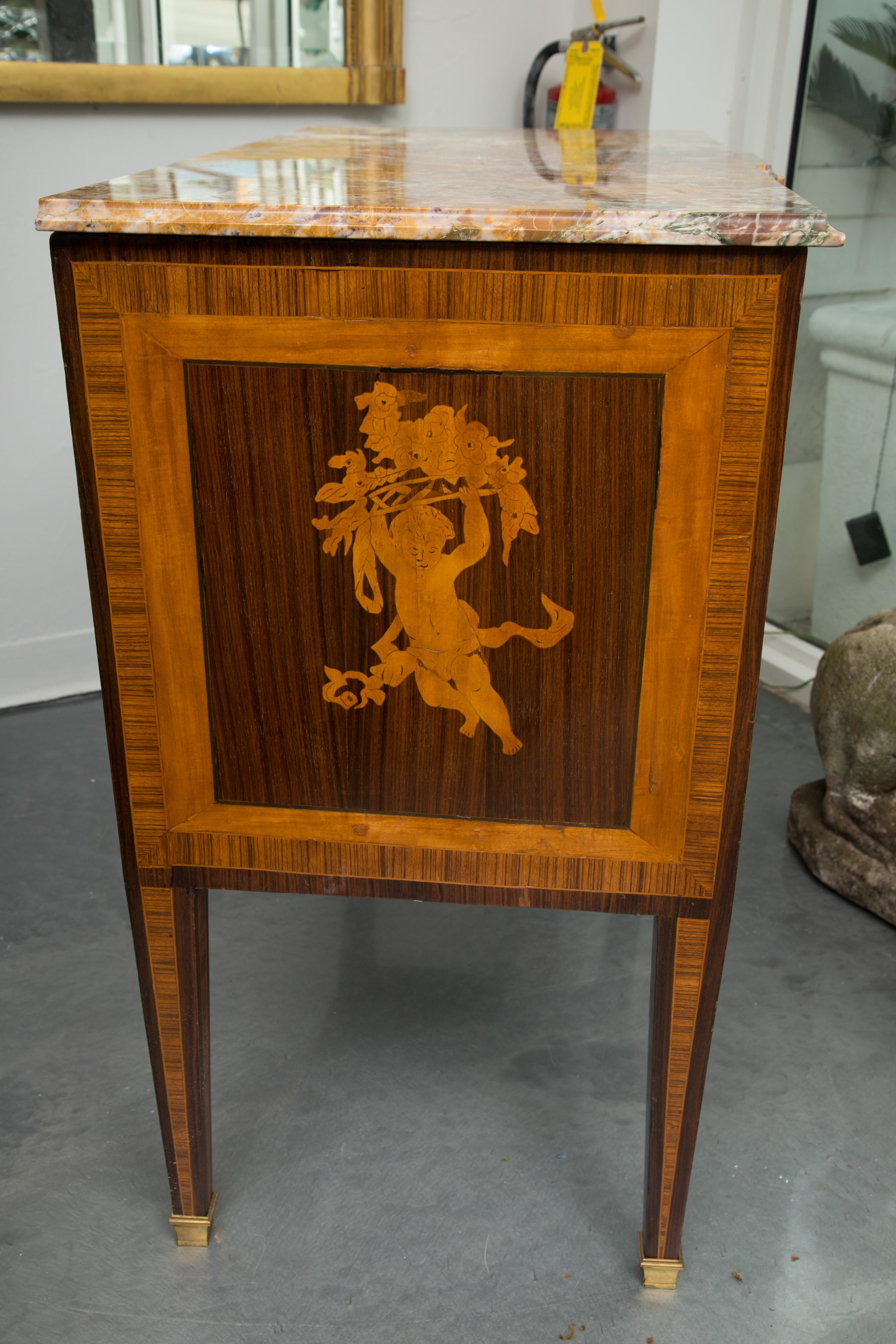 19th Century Italian Marquetry Inlaid Commode with Marble Top For Sale 9