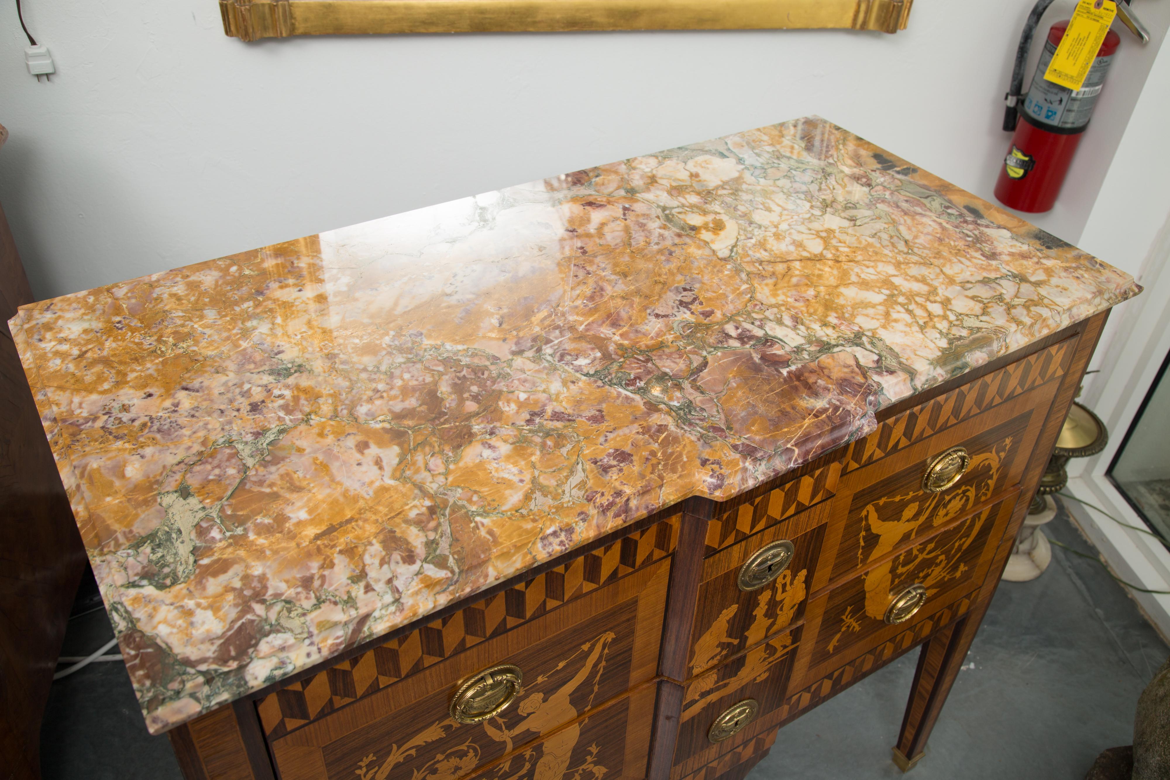 19th Century Italian Marquetry Inlaid Commode with Marble Top For Sale 11
