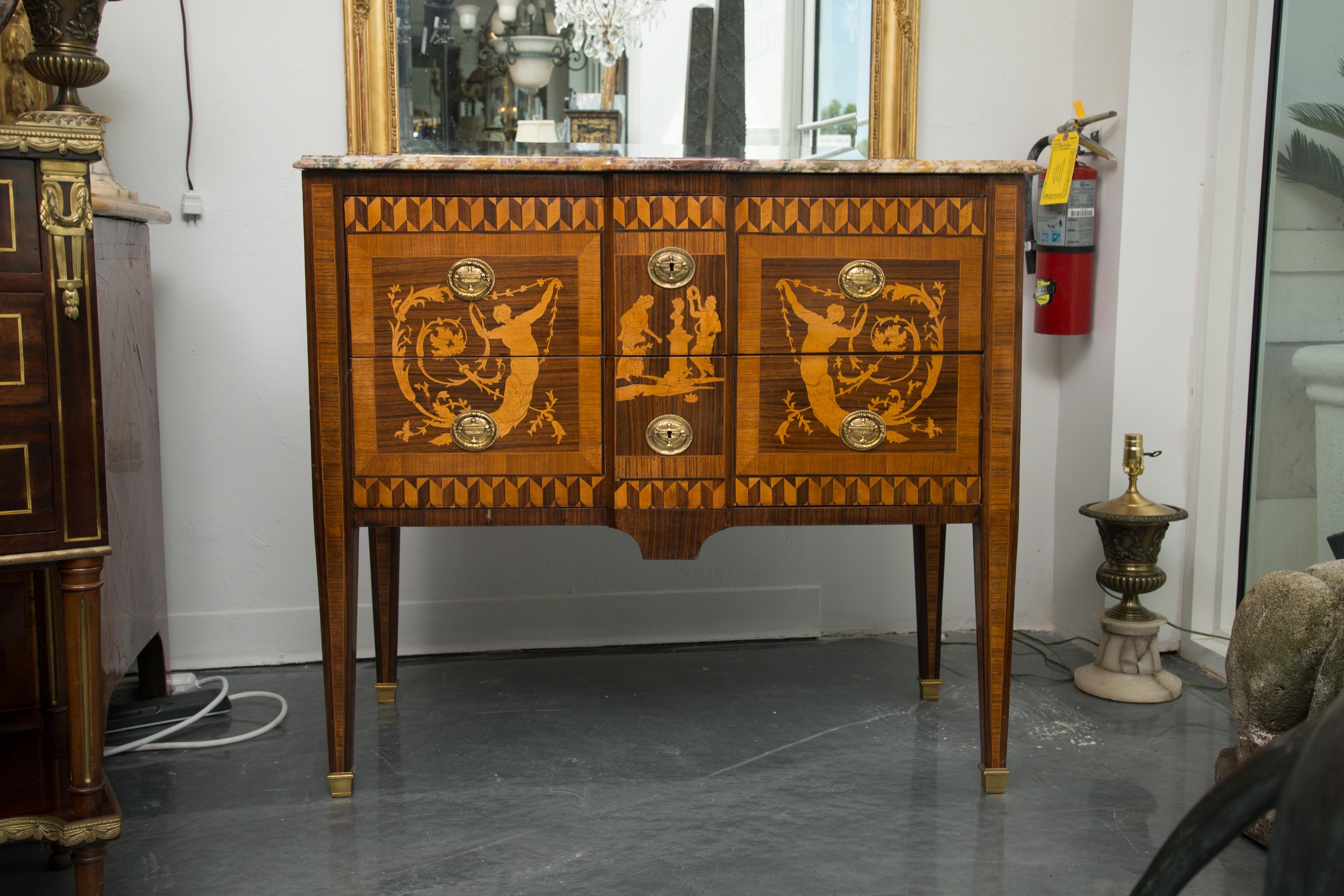 19th Century Italian Marquetry Inlaid Commode with Marble Top For Sale 4