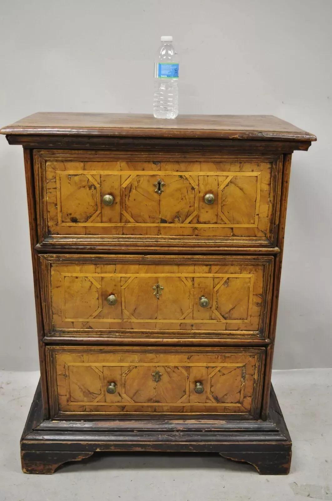 19th Century Italian Marquetry Inlay Walnut 3 Drawer Commode Chest Nightstand For Sale 4