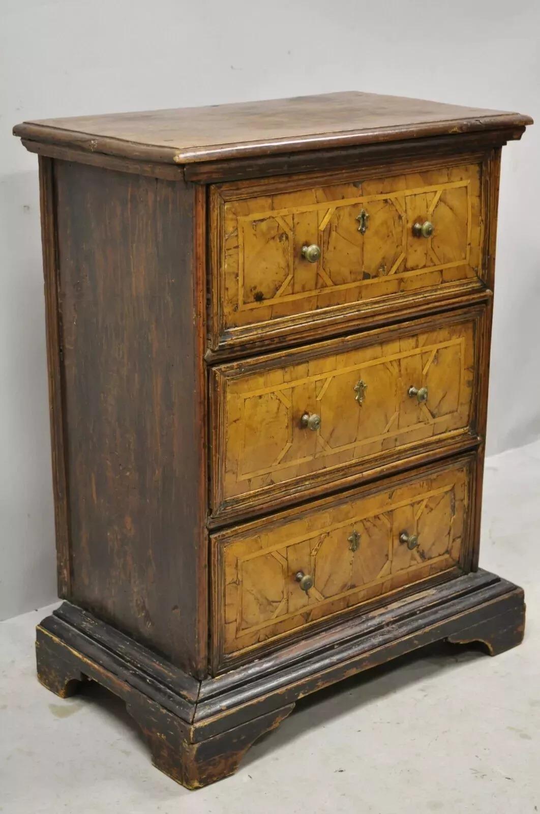 Antique 19th Century Italian Marquetry Inlay Walnut 3 Drawer Commode Chest Nightstand. Item features remarkable aged patina, marquetry/parquetry inlay, solid wood construction, beautiful wood grain, 3 drawers, solid brass hardware. Circa Late 19th