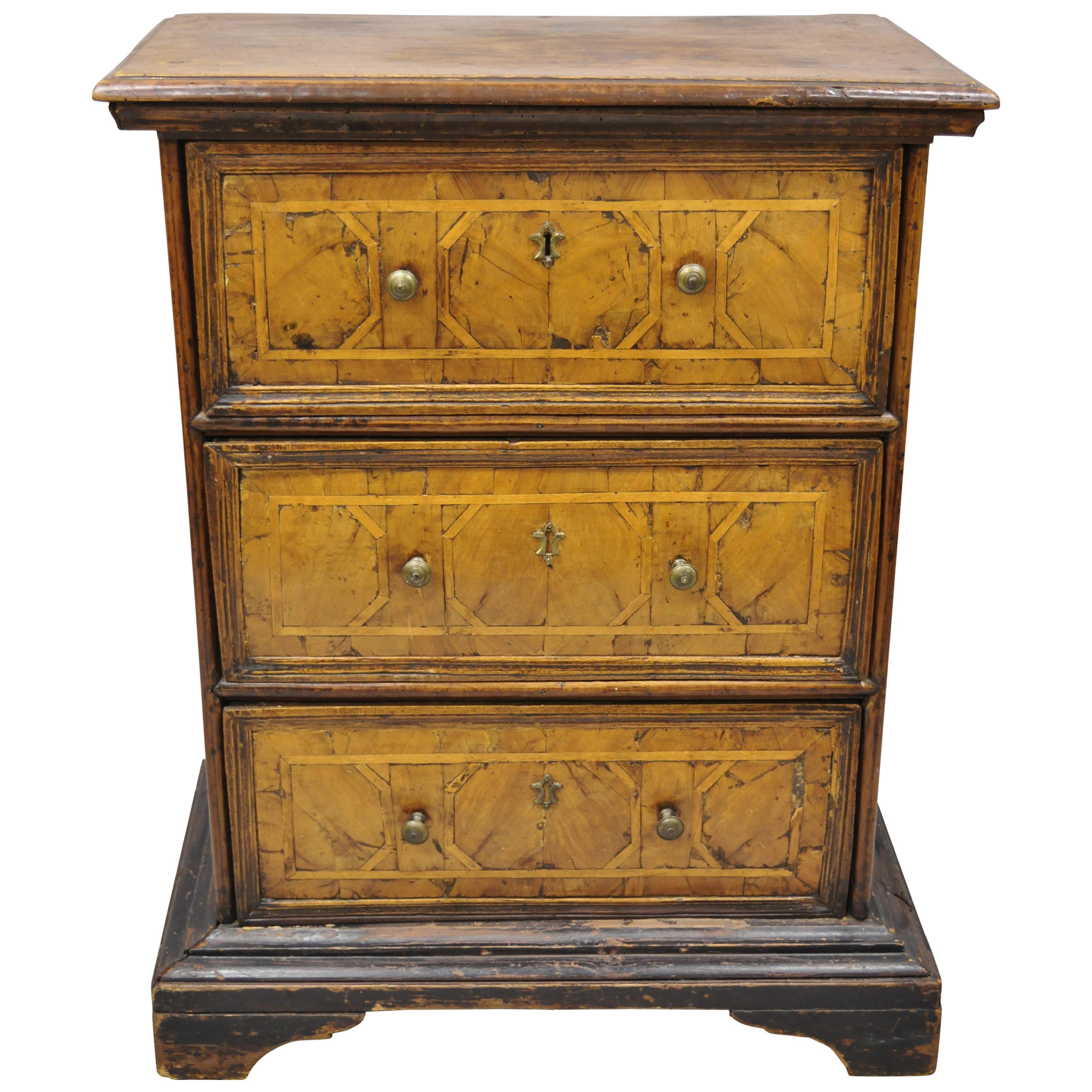 19th Century Italian Marquetry Inlay Walnut 3-Drawer Commode Chest Nightstand For Sale