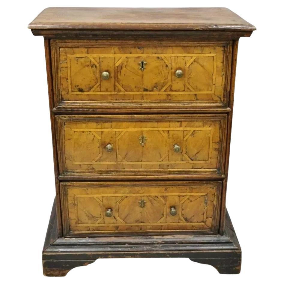 19th Century Italian Marquetry Inlay Walnut 3 Drawer Commode Chest Nightstand