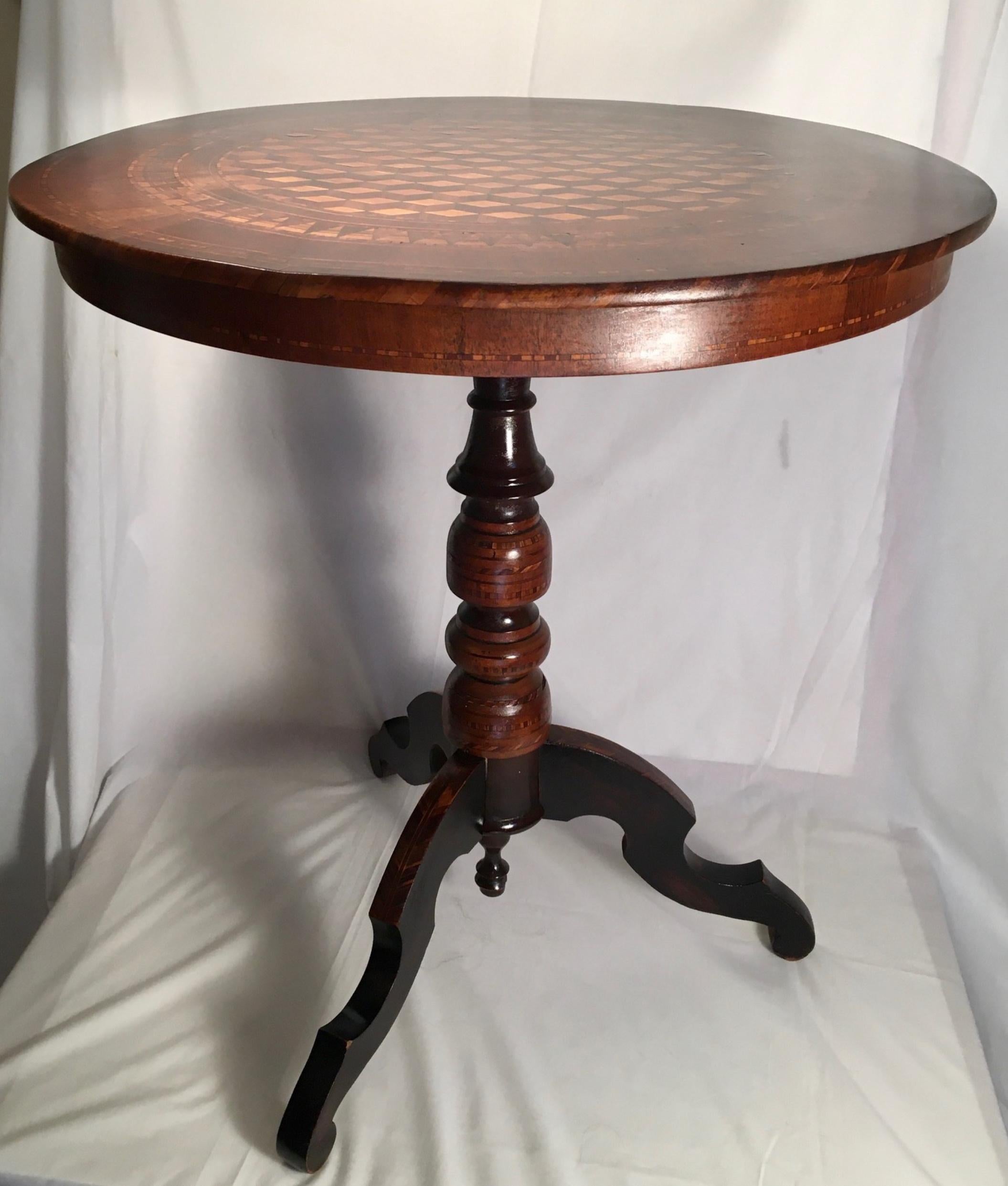 19th century Italian Marquetry pedestal center table

Exceptional Italian neoclassical walnut and satinwood inlaid center table from the 19th century. The circular top is beautifully inlaid in a Marquetry/parquetry Louis cube design with an