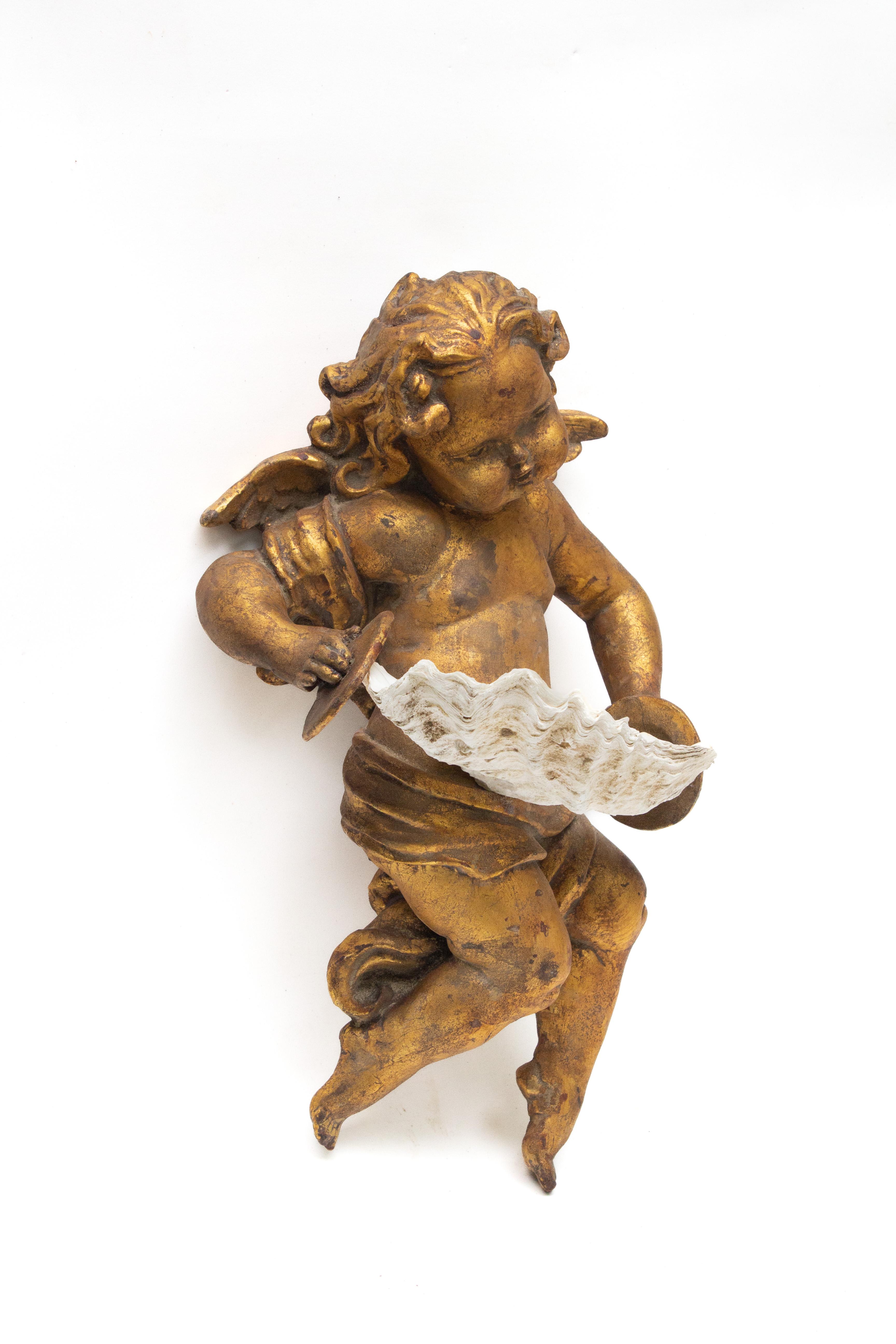 Hand-Carved 19th Century Italian Mecca Angel with a Clam Shell and Baroque Pearls