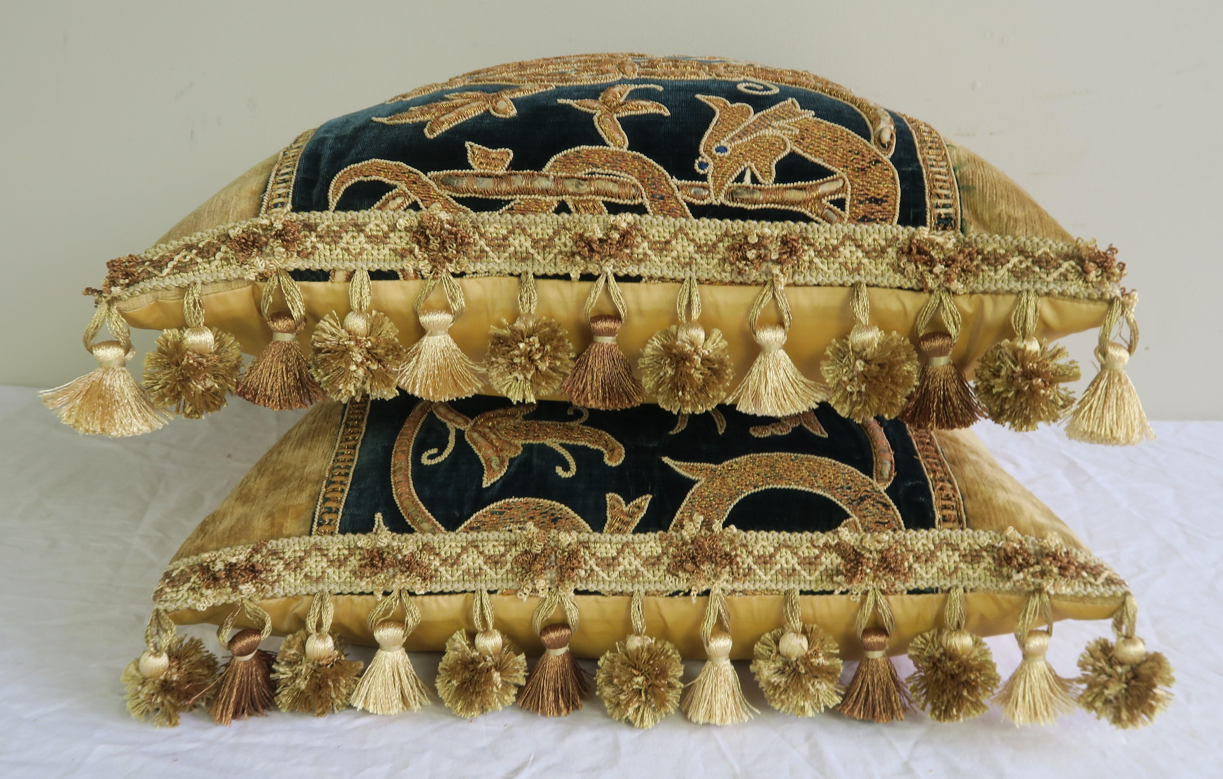 19th Century Italian Metallic Appliqued Velvet Pillows, Pair In Distressed Condition In Los Angeles, CA