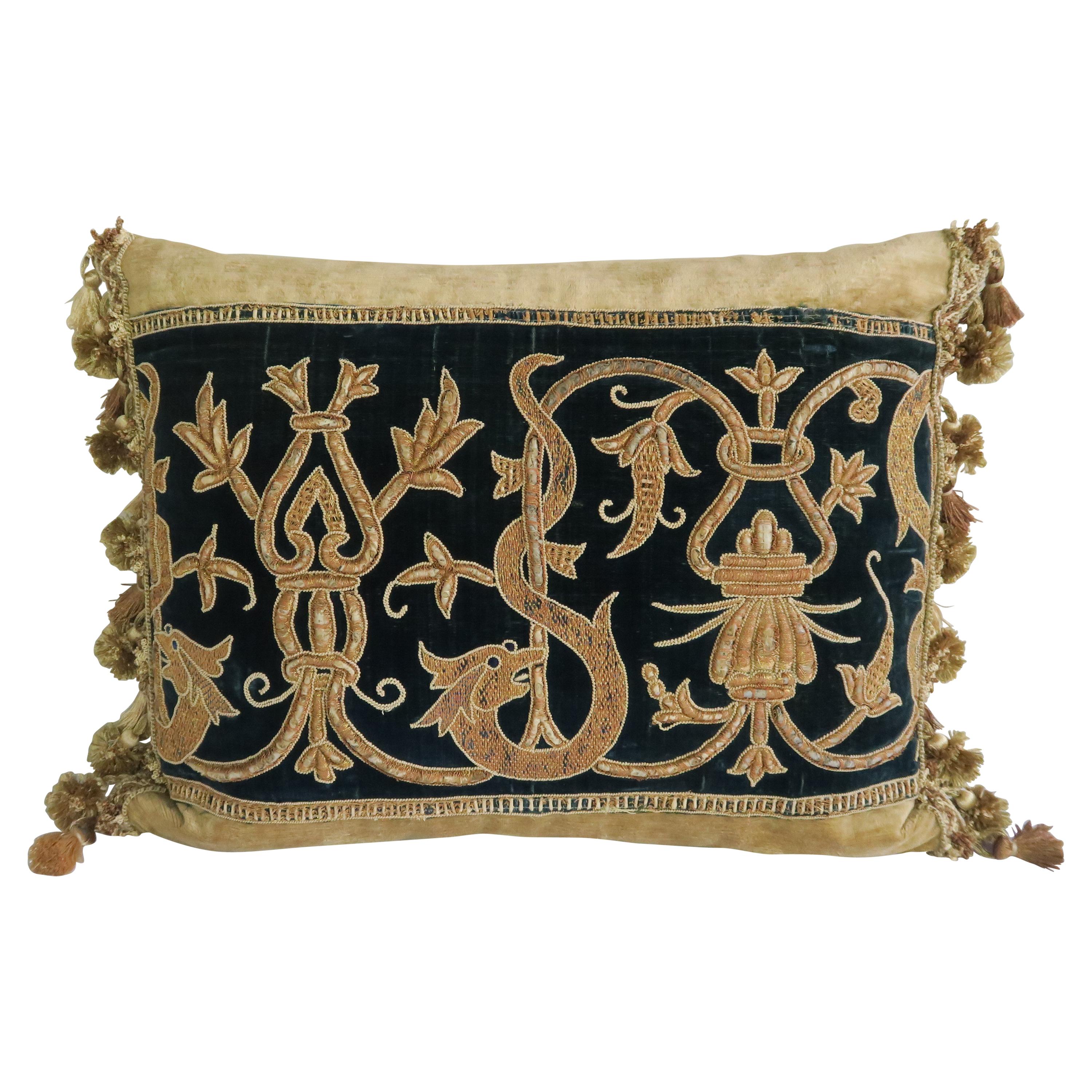 19th Century Italian Metallic Appliqued Velvet Pillows, Pair