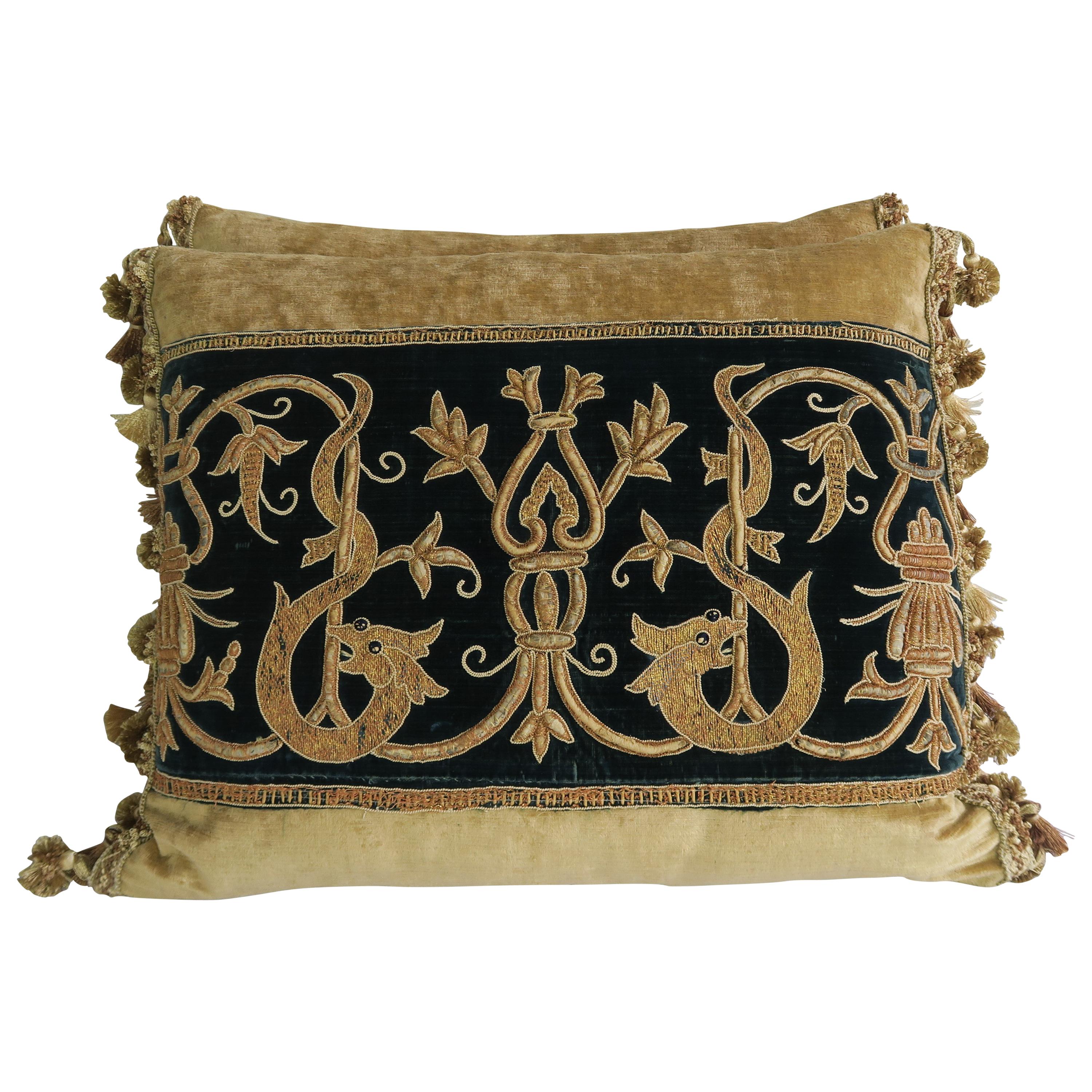 19th Century Italian Metallic Appliqued Velvet Pillows, Pair