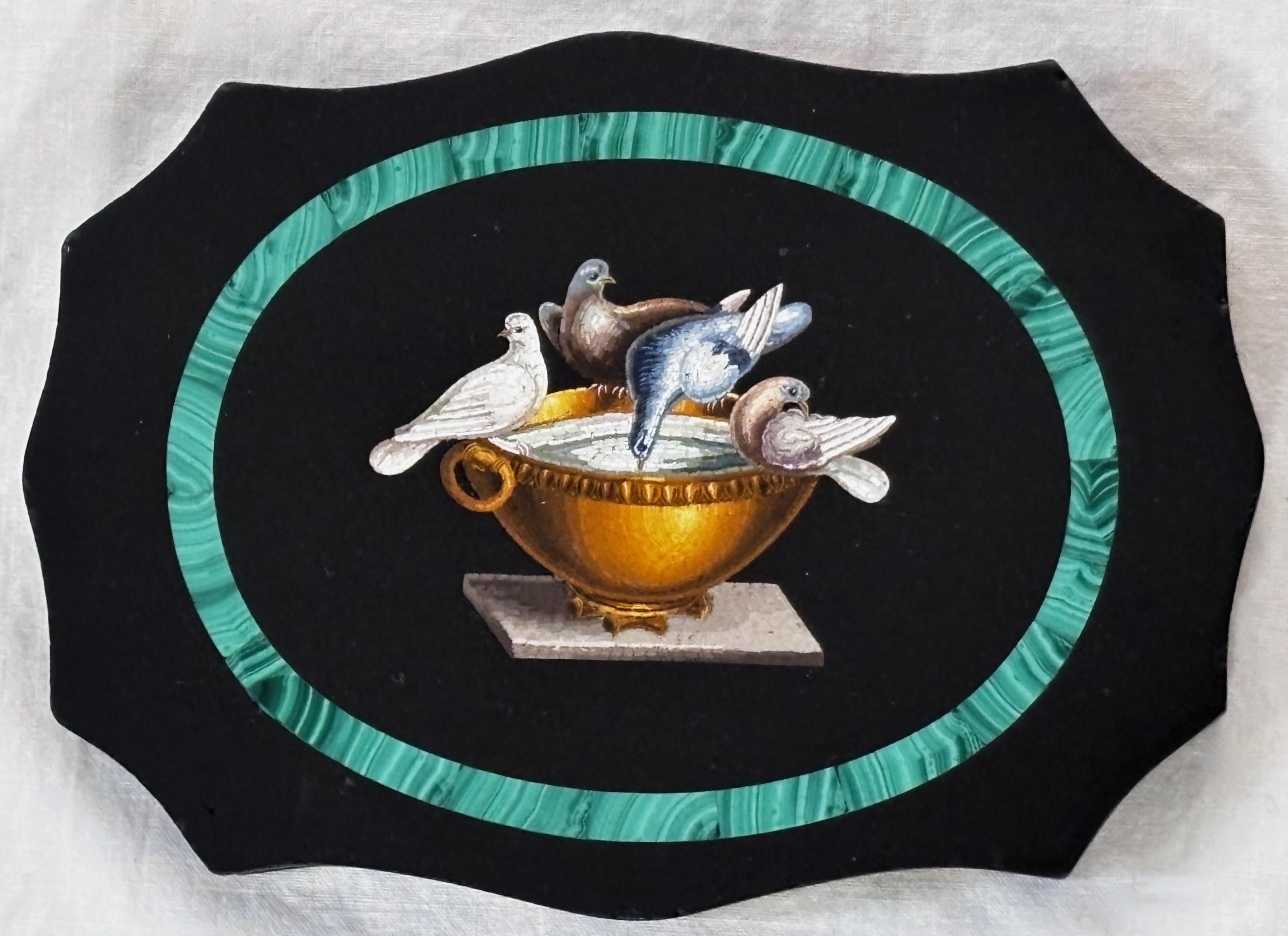 19. Jahrhundert Italienisch Mikro-Mosaik Grand Tour Briefbeschwerer - Die Tauben des Plinius. 
Rom - CIRCA 1870. 
Kartuschenförmiger schwarzer Schiefergrund, mit feinem Mikromosaik, das die Tauben des Plinius darstellt.
Hat einen kleinen Nibble auf