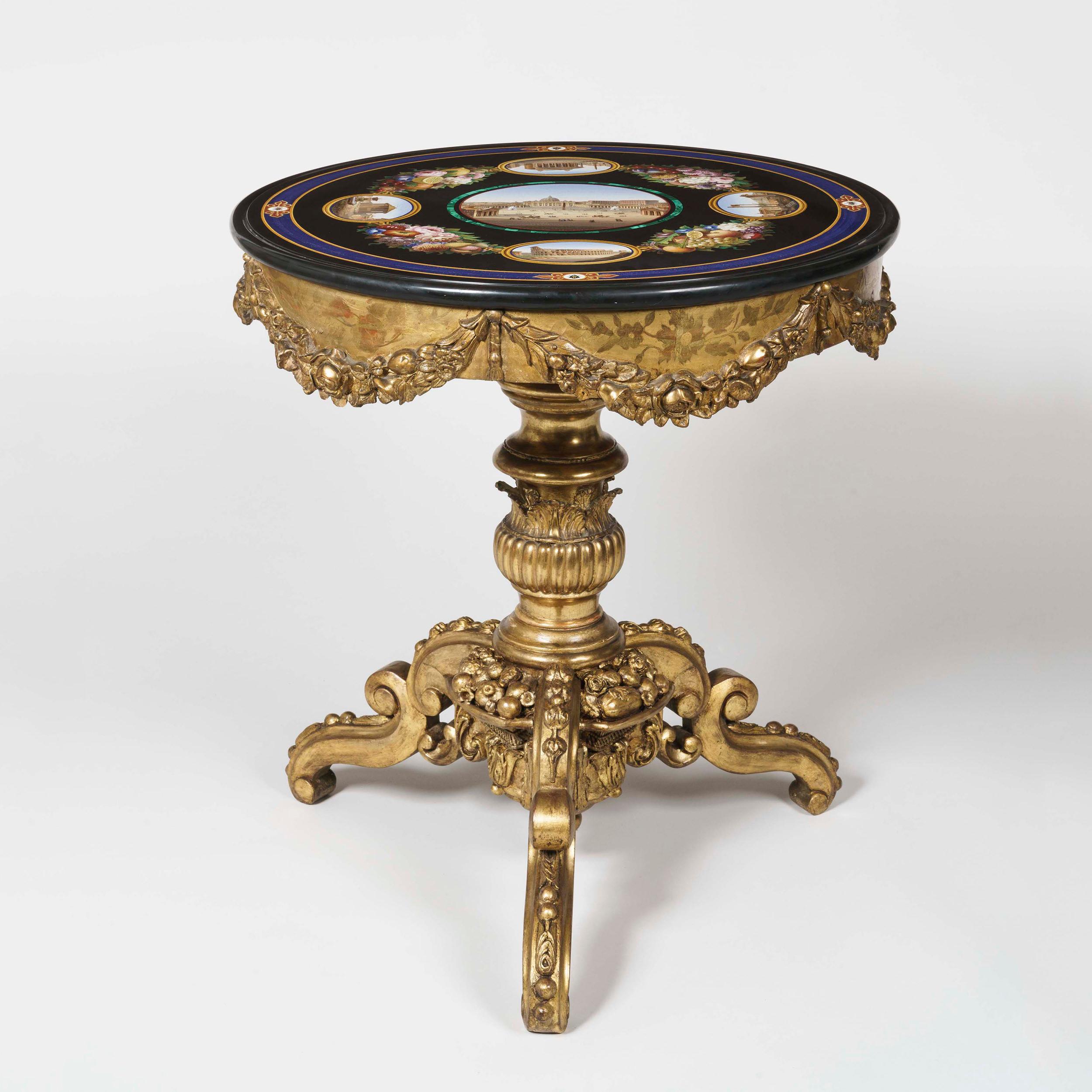 A rare grand tour table
Possibly by Cesare Roccheggiani

The circular platform of marmore nero, inset with fine micromosaic panels consisting of thousands of coloured glass tesserae; a central roundel depicting The Vatican from St Peter's Square