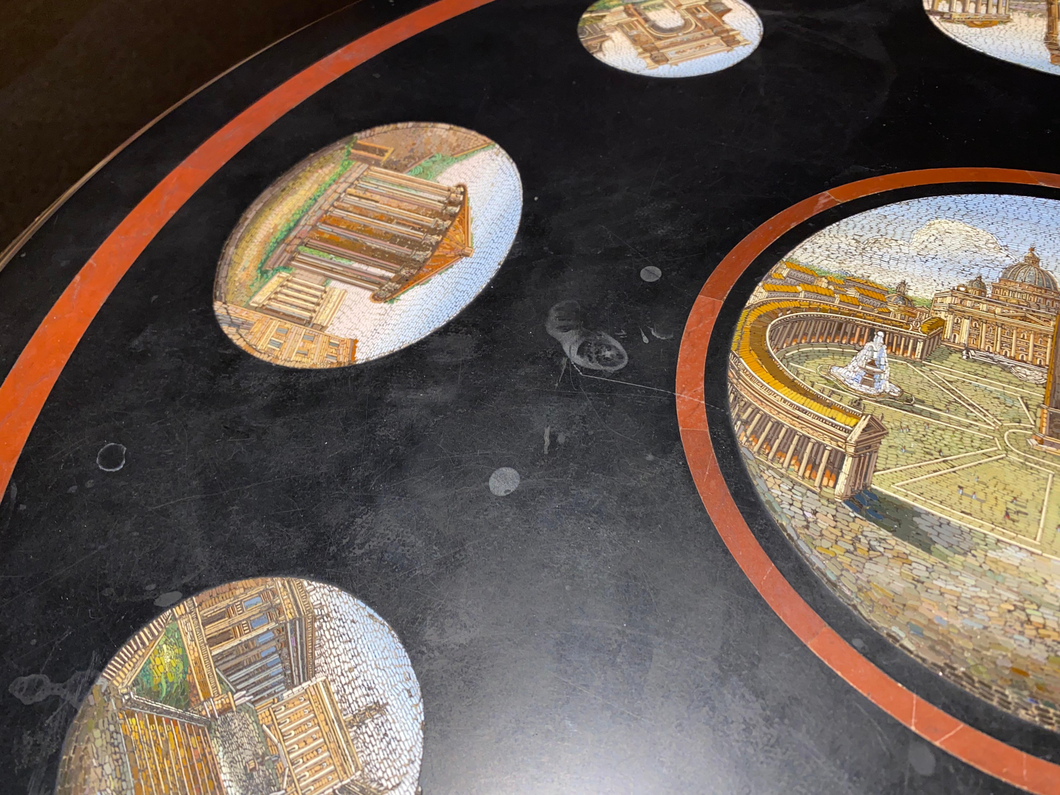 19th Century Italian Micro Mosaic Round Center Table with Ebonized Carved Base For Sale 11