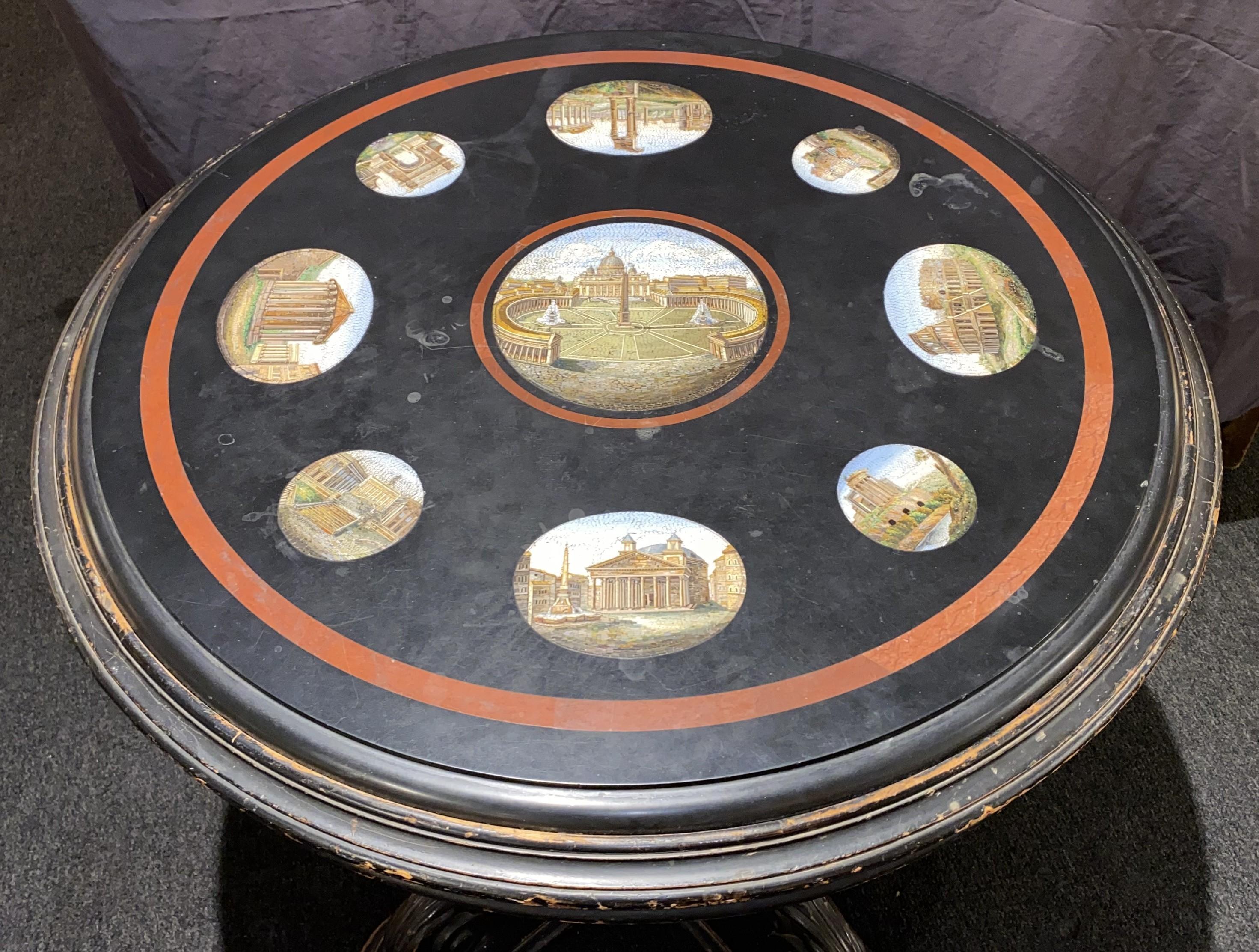 19th Century Italian Micro Mosaic Round Center Table with Ebonized Carved Base For Sale 12