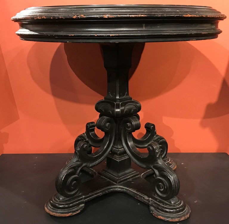 Classical Roman 19th Century Italian Micro Mosaic Round Center Table with Ebonized Carved Base For Sale