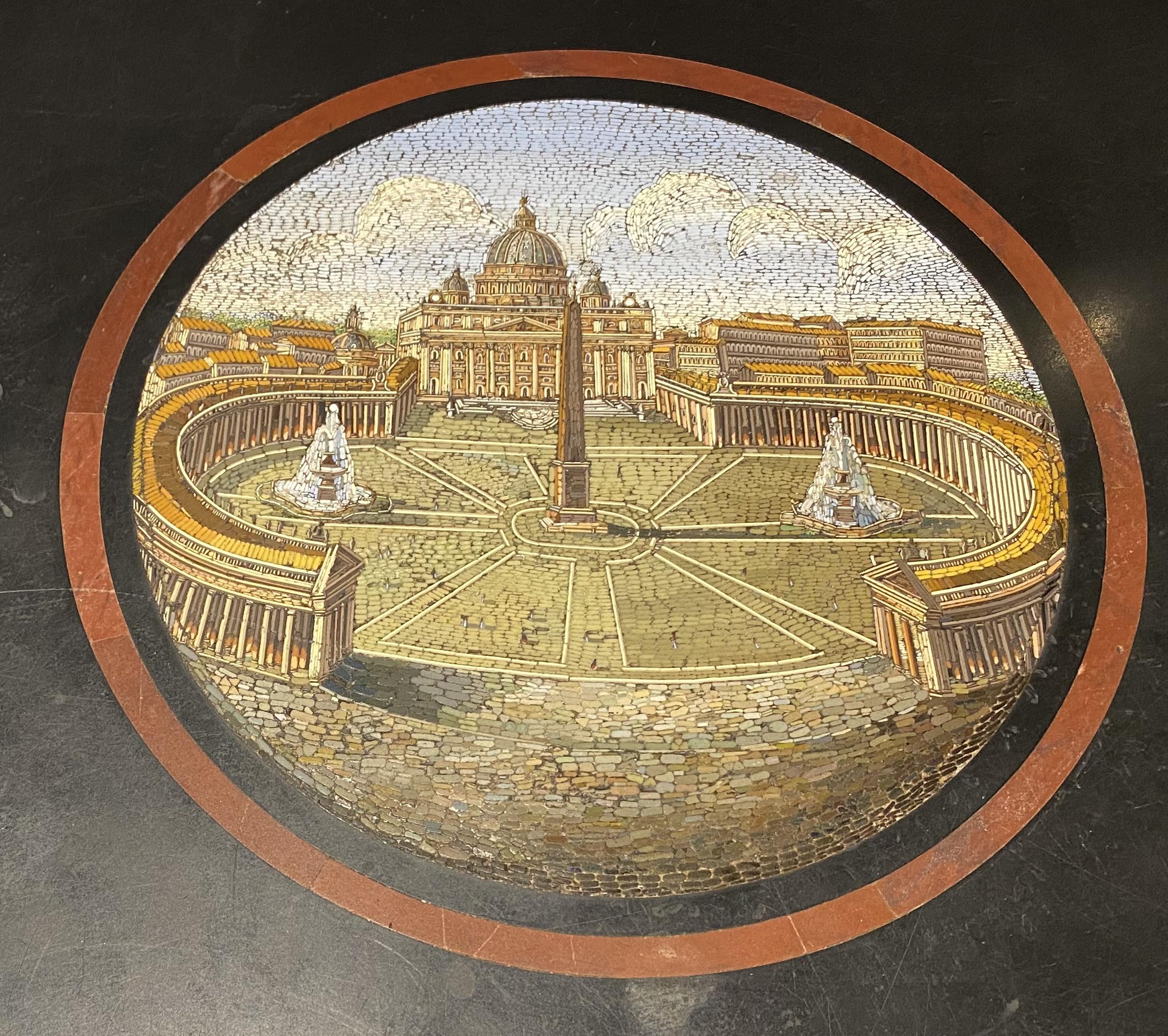 Classical Roman 19th Century Italian Micro Mosaic Round Center Table with Ebonized Carved Base For Sale