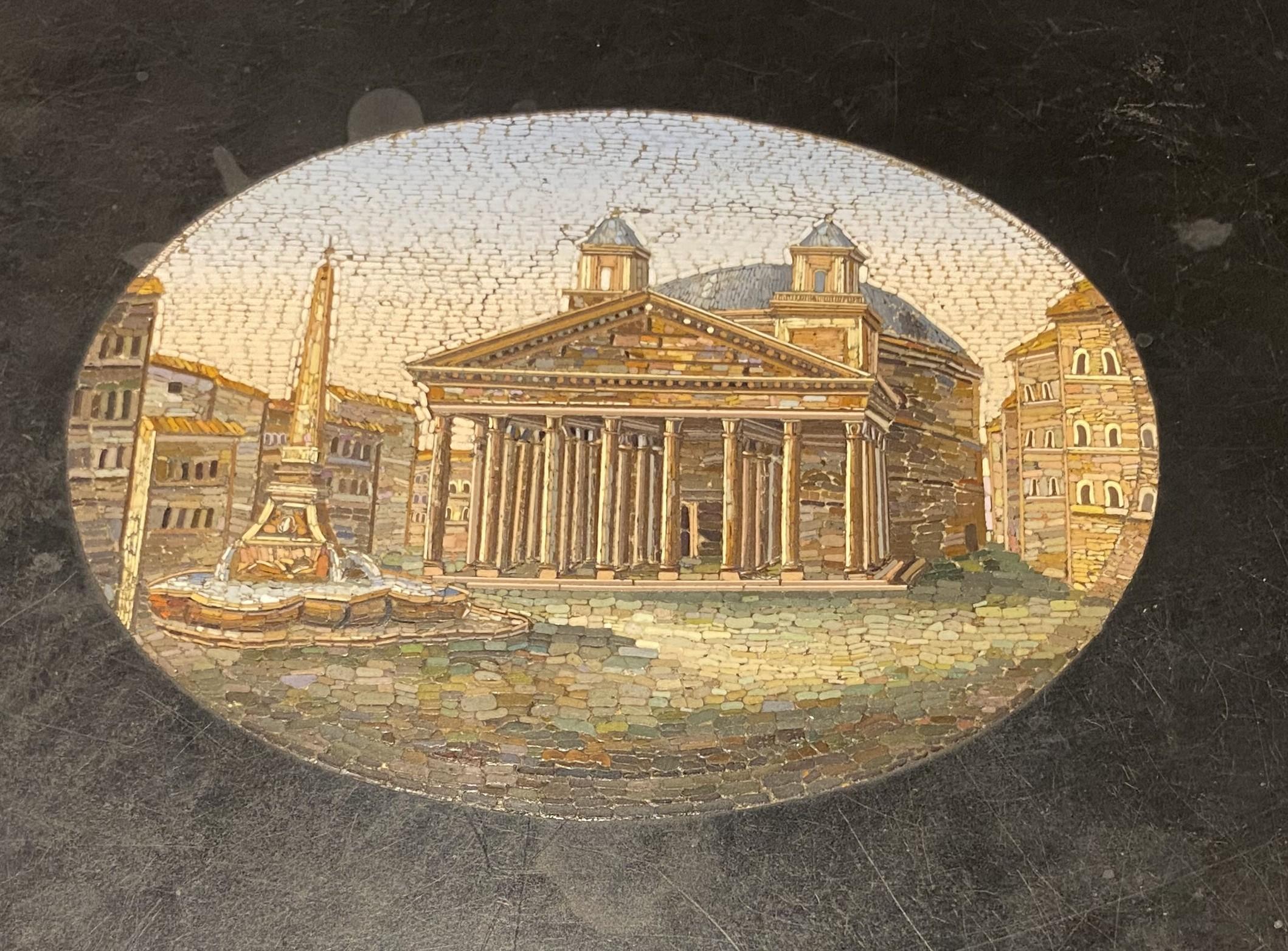 Hand-Carved 19th Century Italian Micro Mosaic Round Center Table with Ebonized Carved Base For Sale