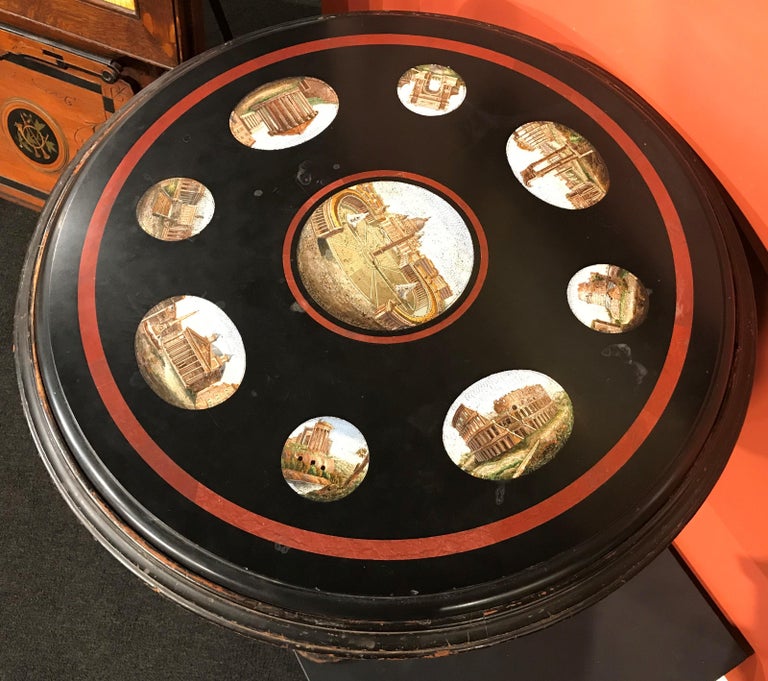 Glass 19th Century Italian Micro Mosaic Round Center Table with Ebonized Carved Base For Sale