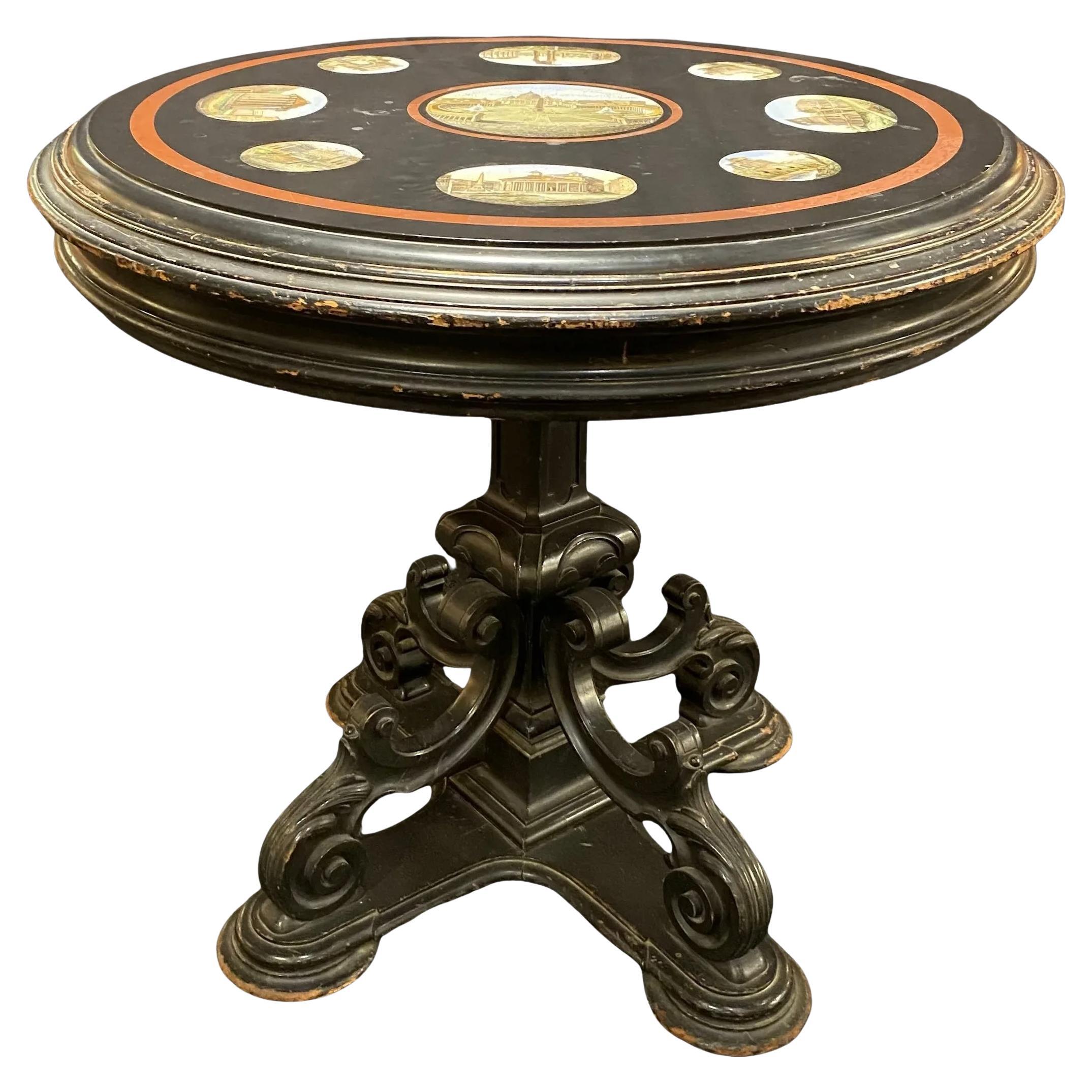 19th Century Italian Micro Mosaic Round Center Table with Ebonized Carved Base For Sale