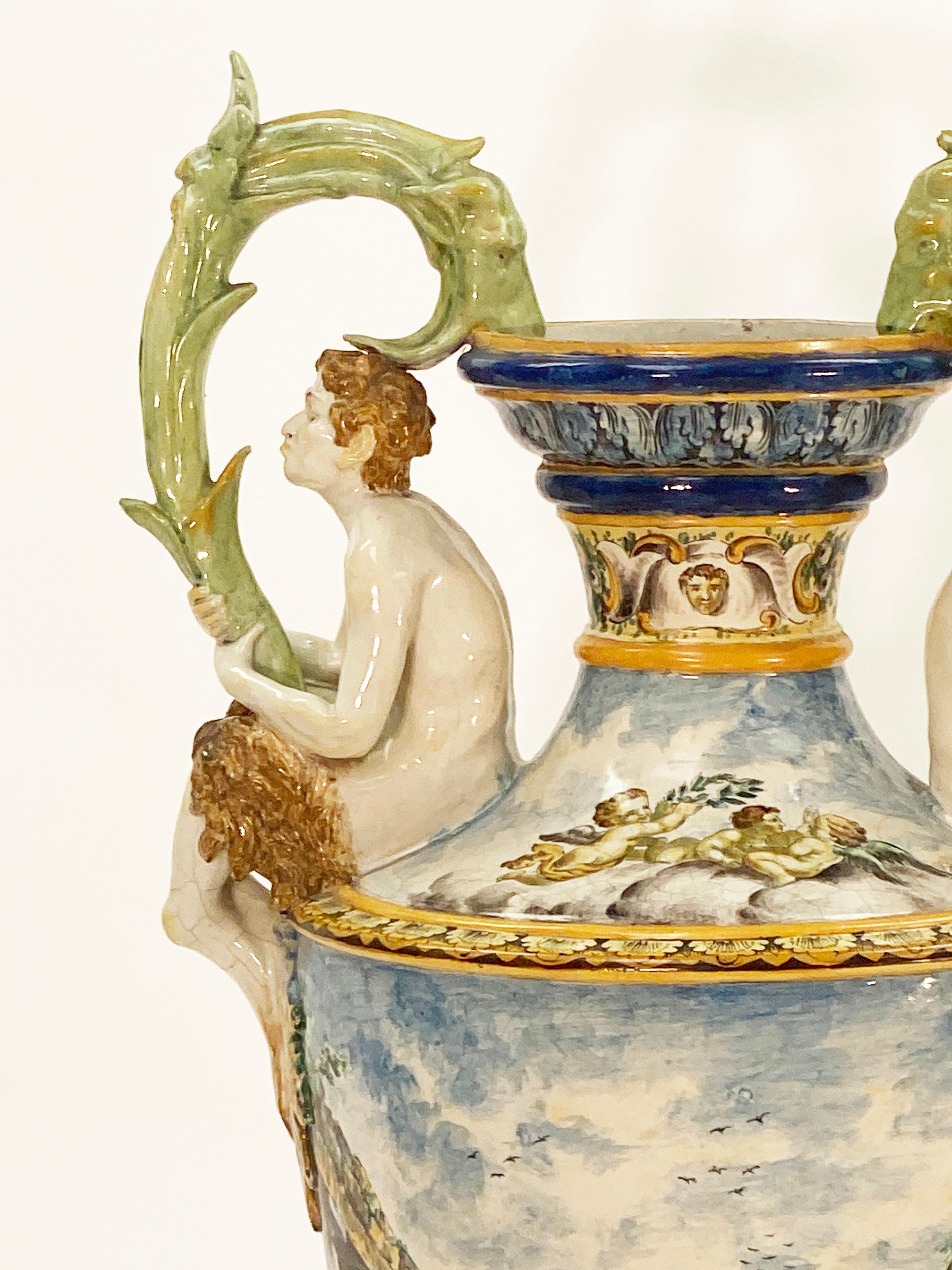 Hand-Painted 19th Century Italian Mojalica Monumental Urn For Sale