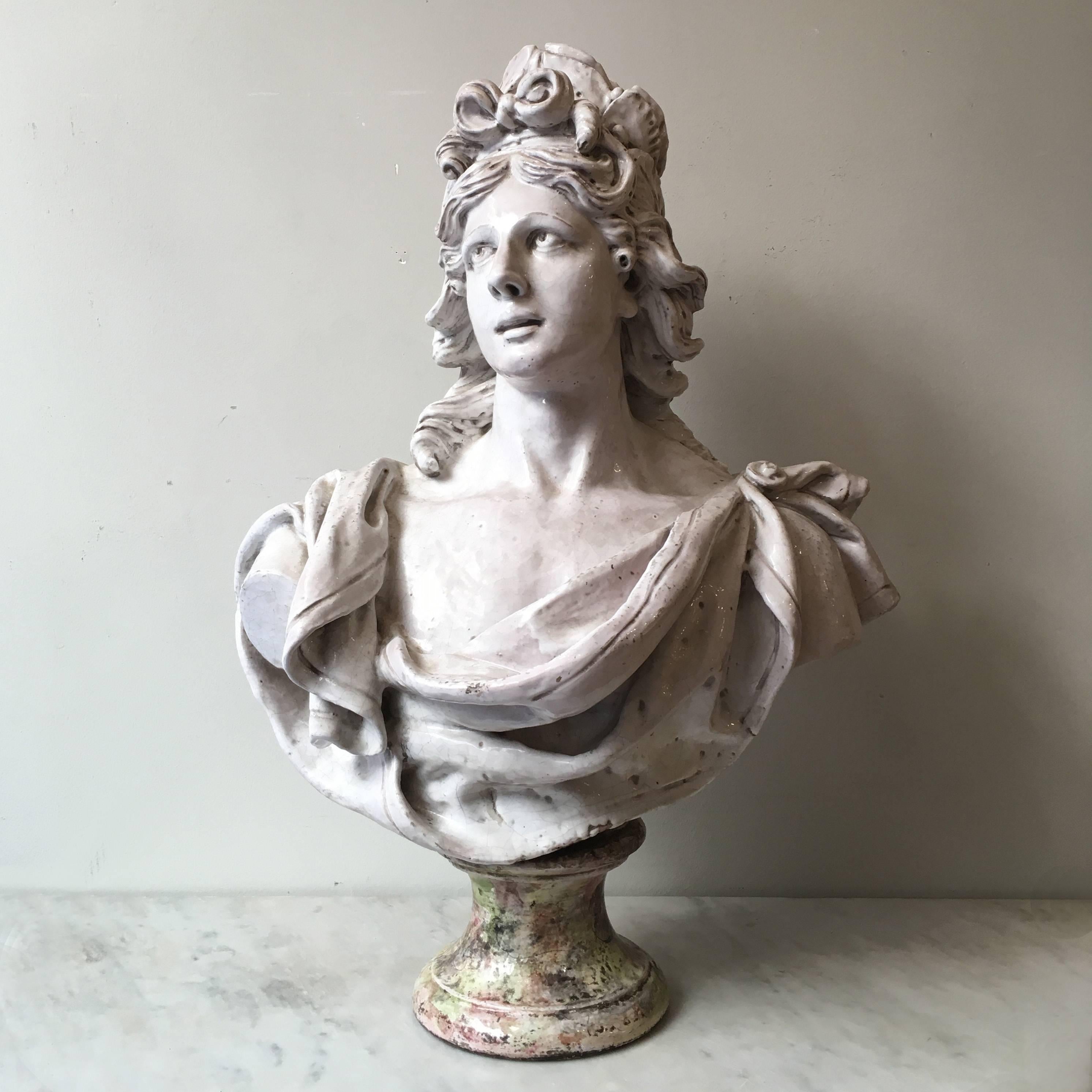 19th Century Italian Monumental White Glazed Terracotta Bust of Female Figure 15