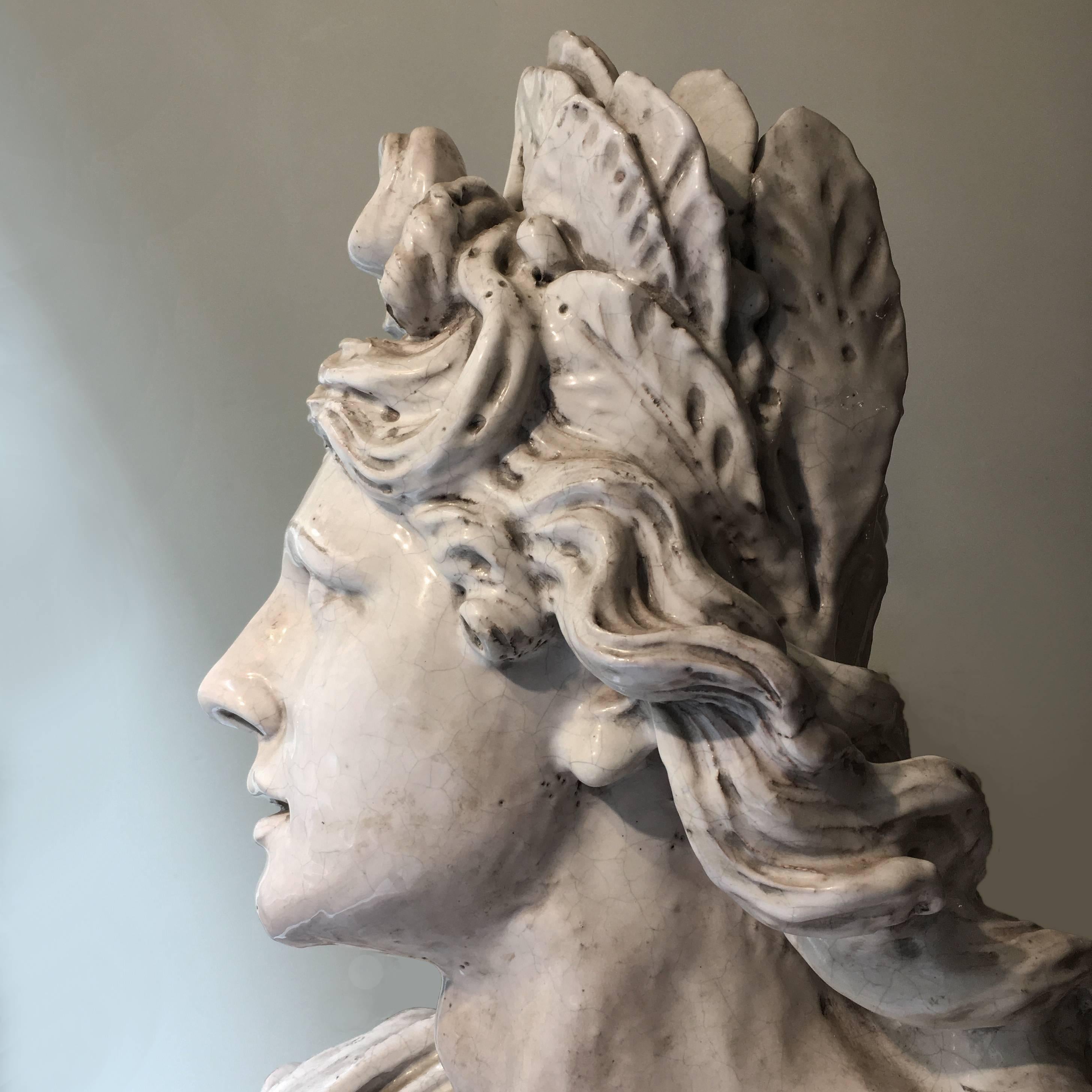 19th Century Italian Monumental White Glazed Terracotta Bust of Female Figure In Good Condition In Firenze, IT