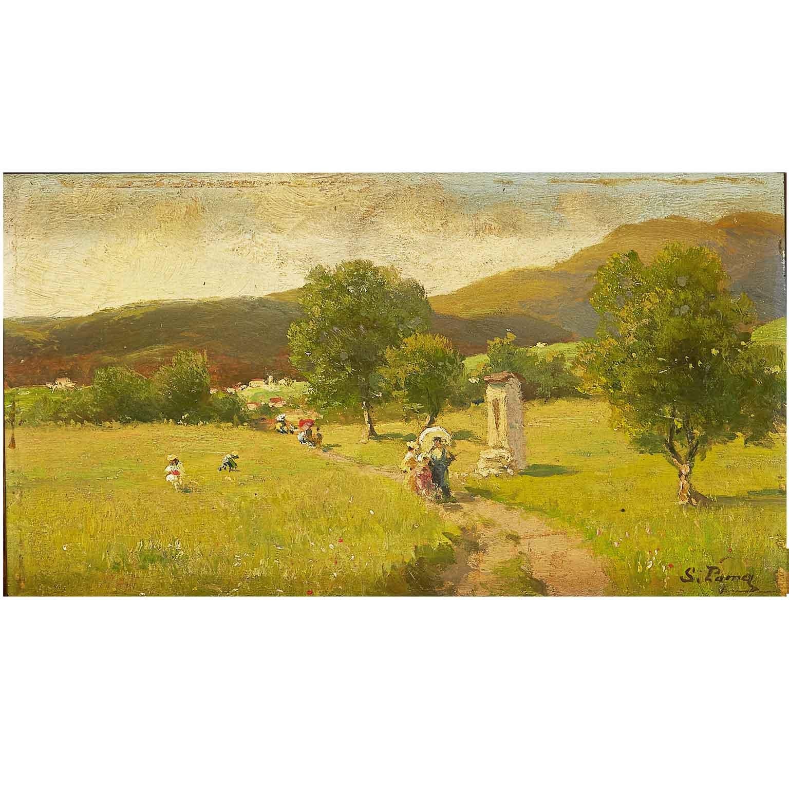 A lovely green summer landscape with figures, a late 19th century oil on poplar plywood  panel painting depicting depicting a green Italian Alps mountain scenery in Summer. An animated pathway of  figures in a wooded foothill countryside.