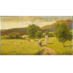 19th Century Italian Mountain Landscape with Walking Figures by Silvio Poma
