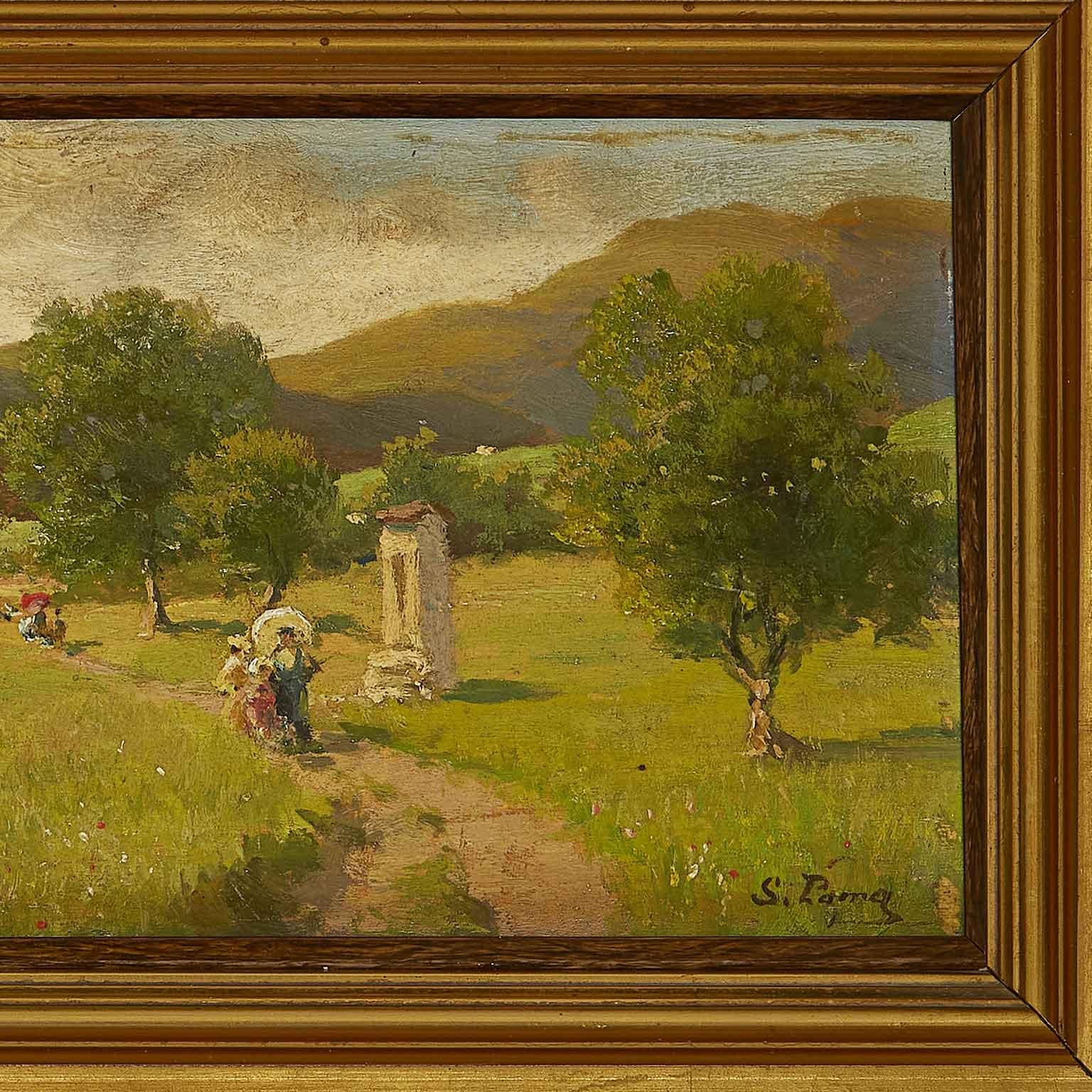 XIXe siècle Paysage de montagne italien du 19ème siècle avec figures de marcheurs par Silvio Poma  en vente