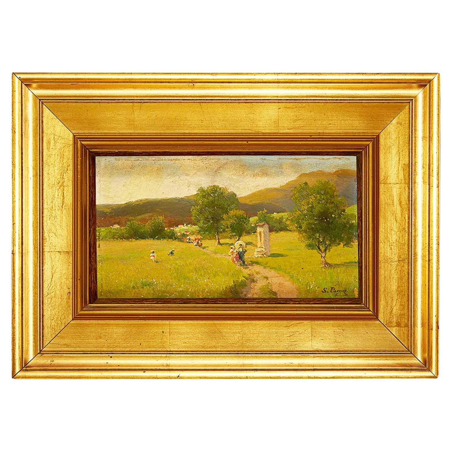 19th Century Italian Mountain Landscape with Walking Figures by Silvio Poma  For Sale