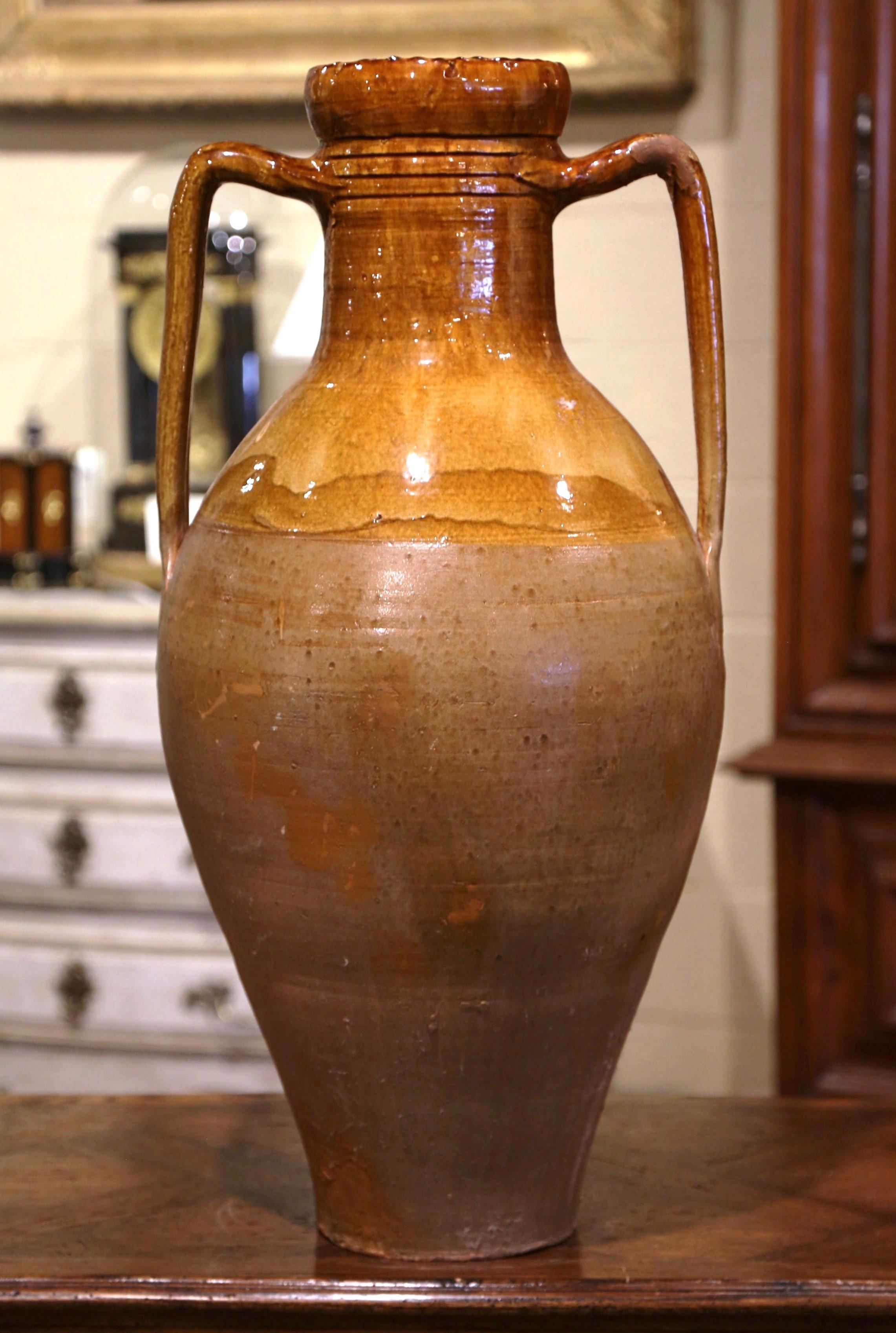 19th Century Italian Mustard Glazed Terracotta Olive Jar Amphora with Handles 2