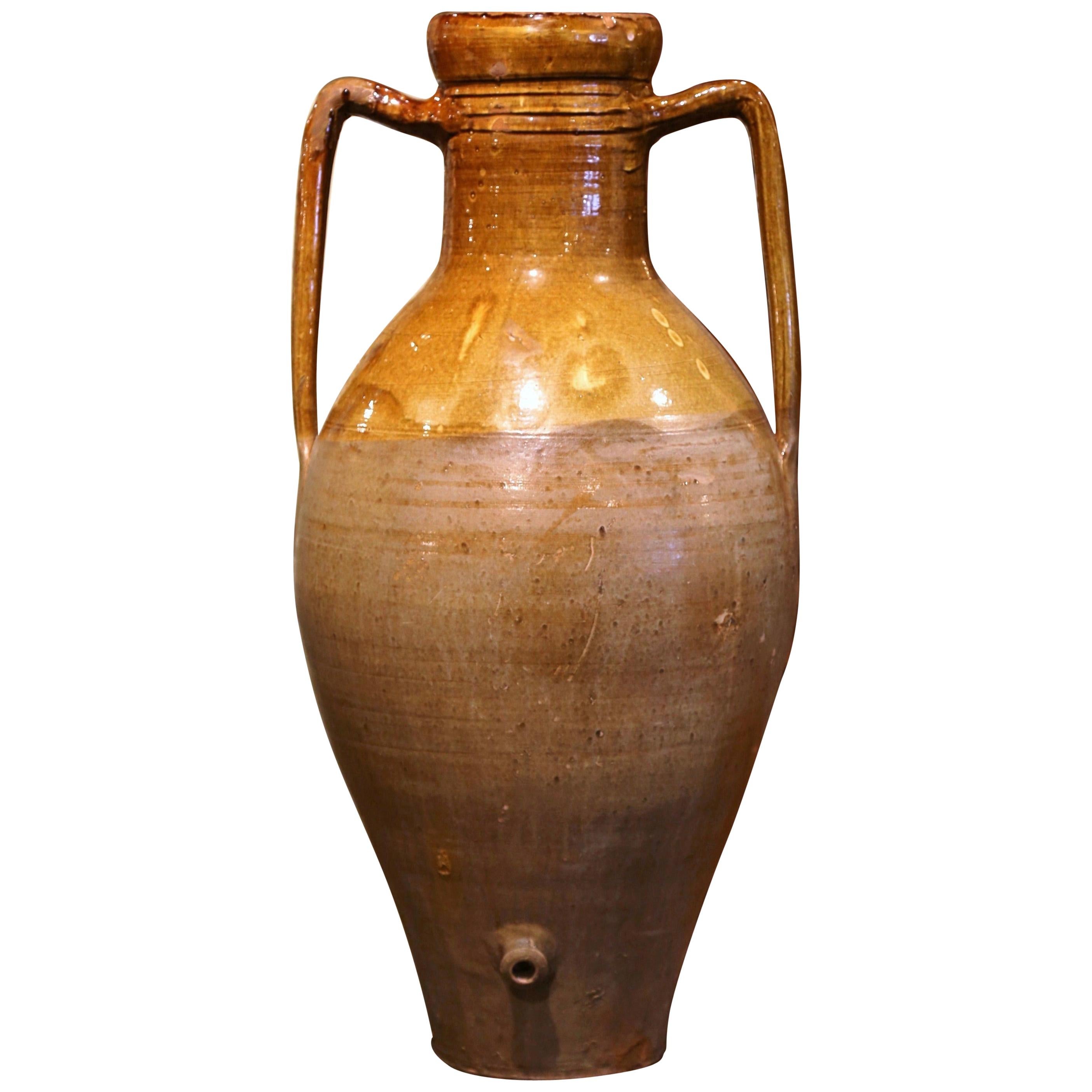 19th Century Italian Mustard Glazed Terracotta Olive Jar Amphora with Handles