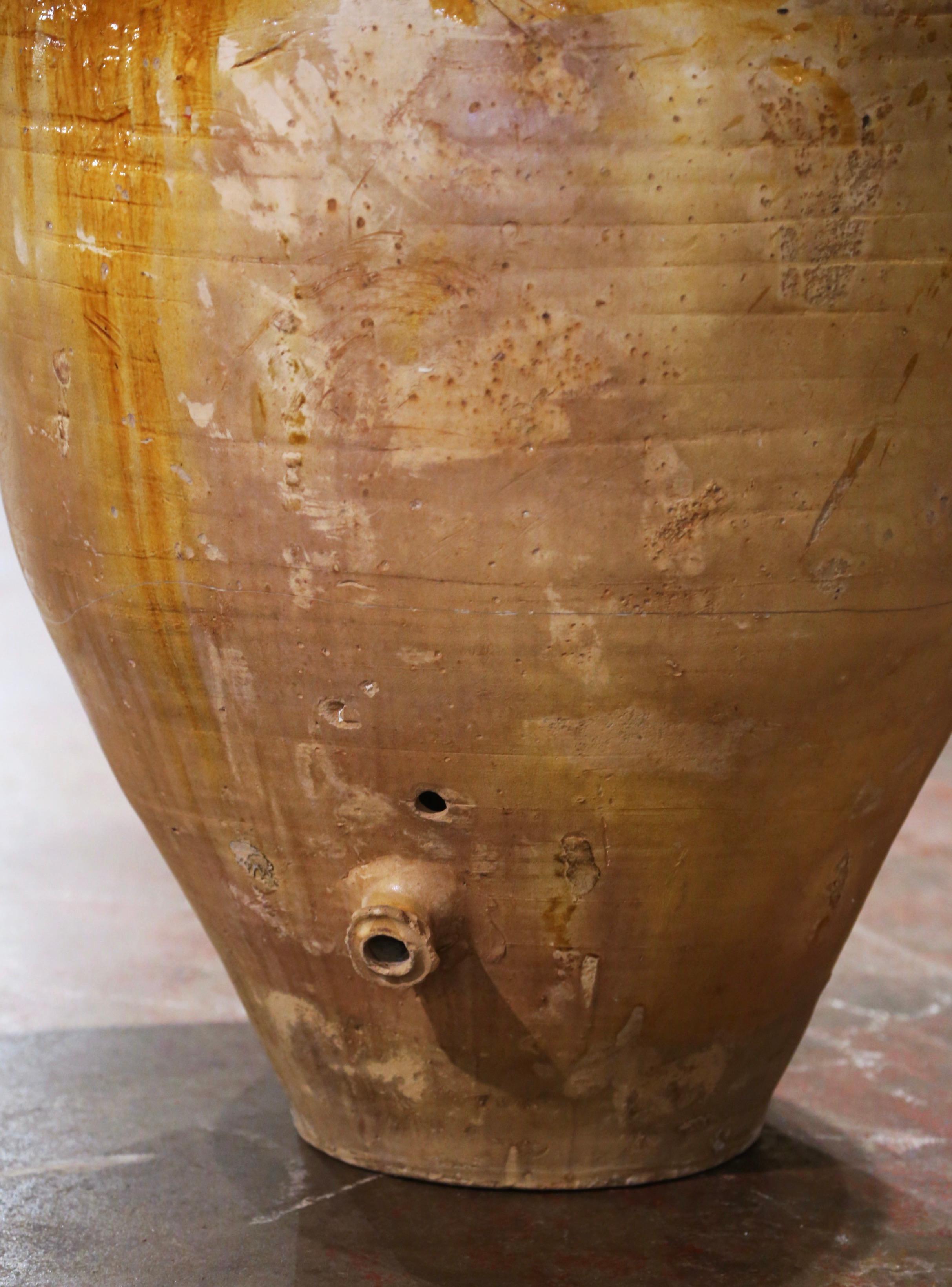19th Century Italian Mustard Glazed Terracotta Olive Oil Jar Amphora  In Excellent Condition For Sale In Dallas, TX