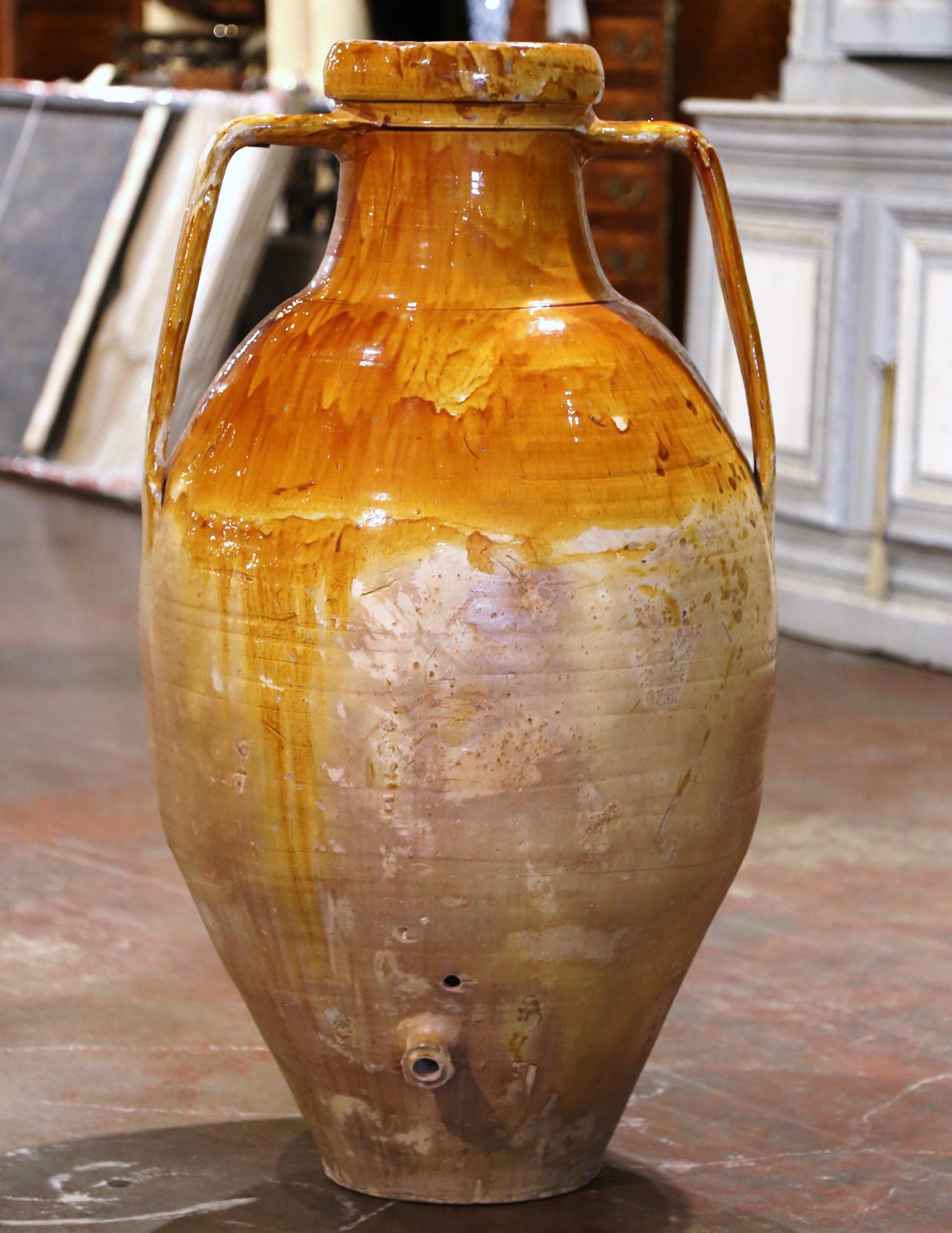 Earthenware 19th Century Italian Mustard Glazed Terracotta Olive Oil Jar Amphora  For Sale