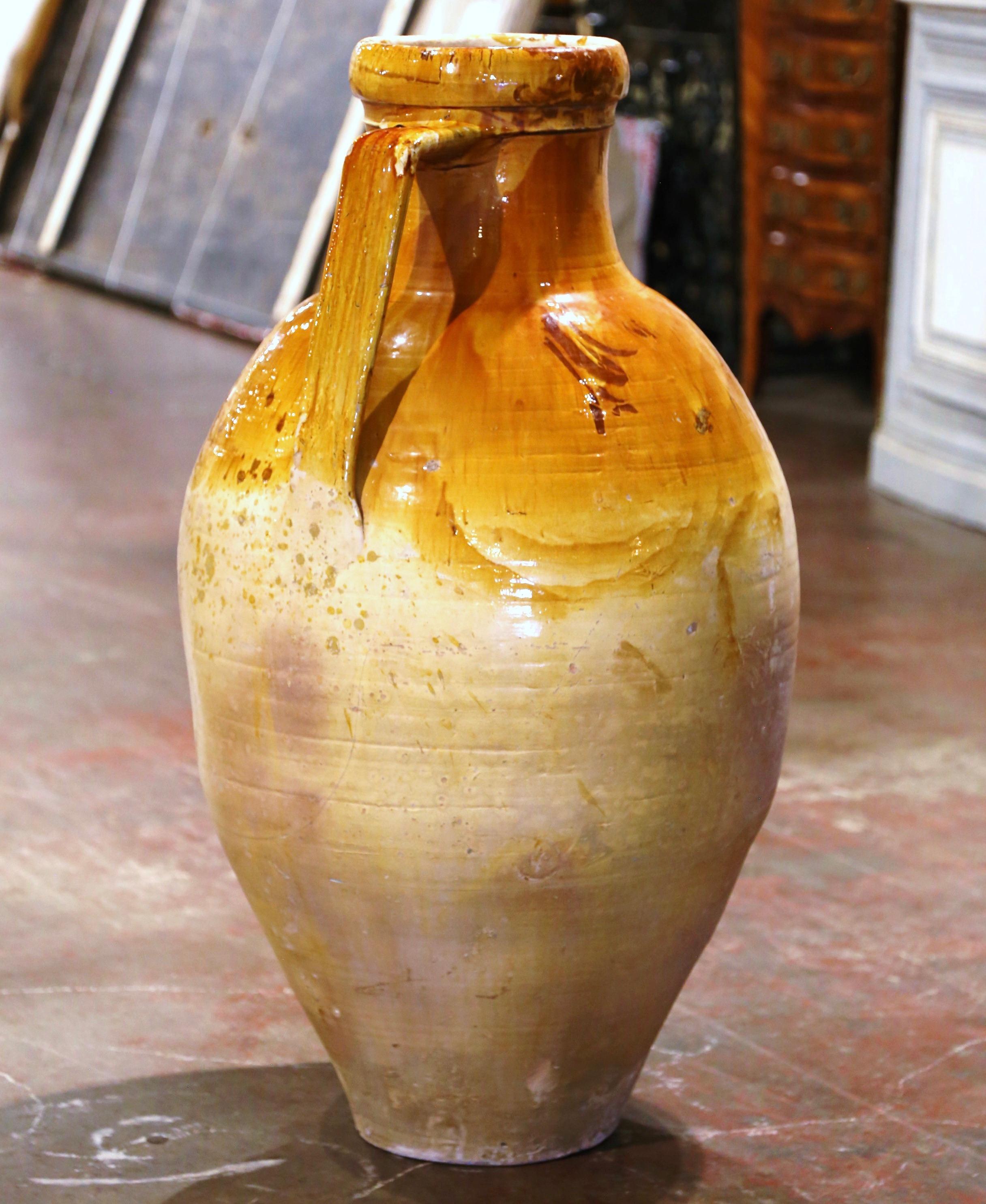 19th Century Italian Mustard Glazed Terracotta Olive Oil Jar Amphora  For Sale 1