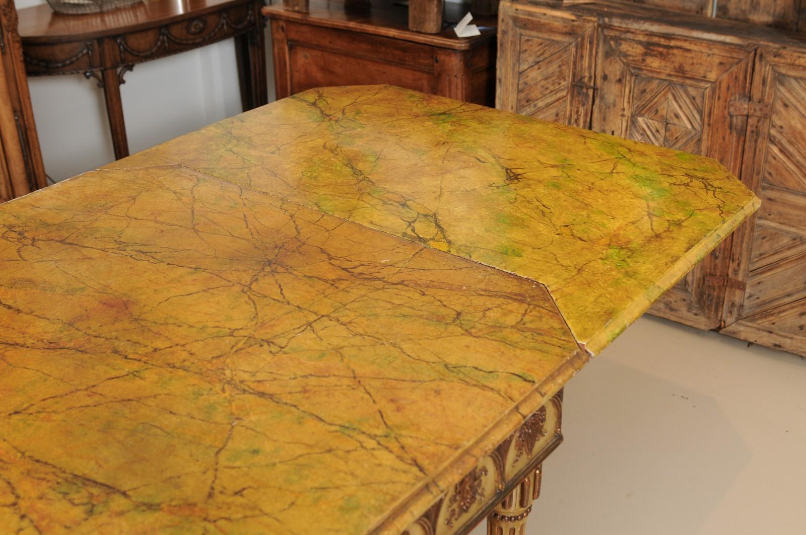 Italian Neapolitan Style Painted Dining Table with Faux Marbleized Top, Fluted Legs & 2 Leaves, first half of the 20th century