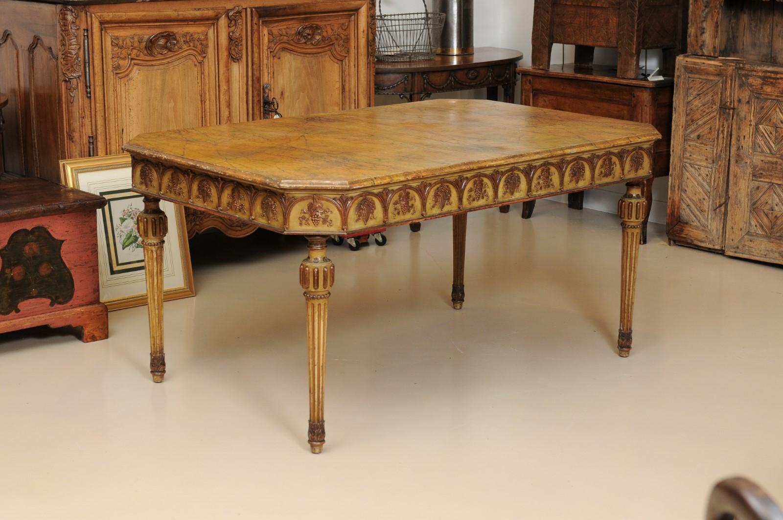 Wood Italian Neapolitan Style Painted Dining Table with Faux Marble Top For Sale