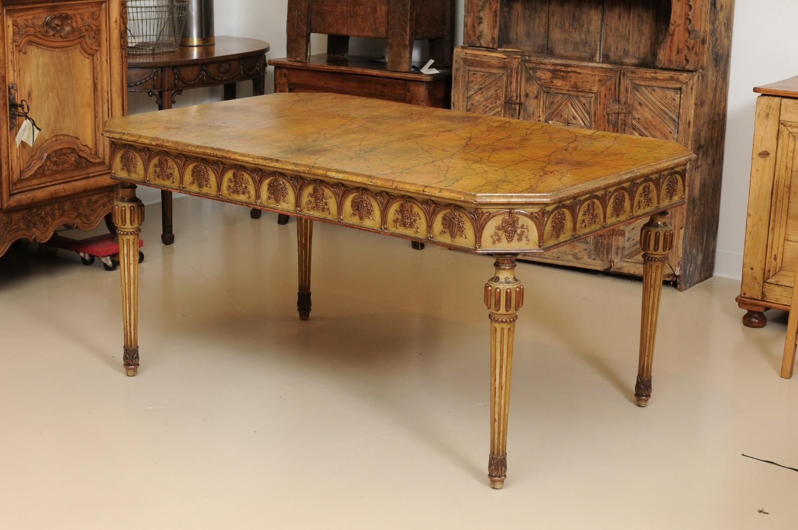 Italian Neapolitan Style Painted Dining Table with Faux Marble Top For Sale 3