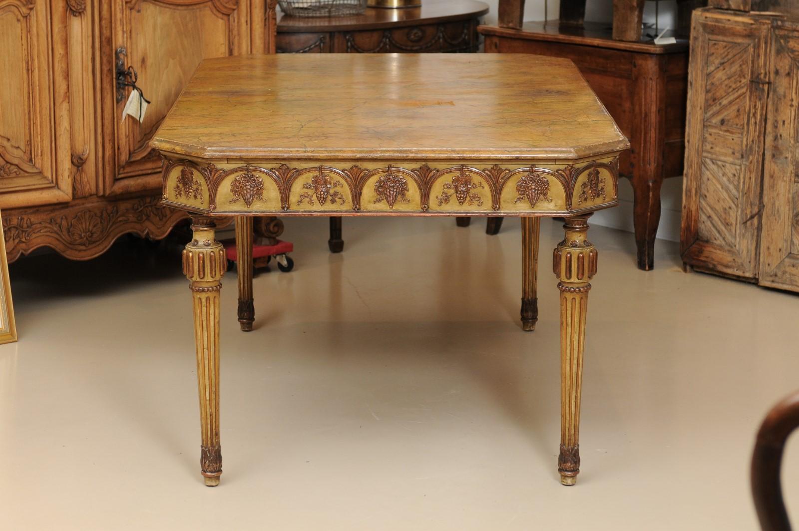 Italian Neapolitan Style Painted Dining Table with Faux Marble Top For Sale 4
