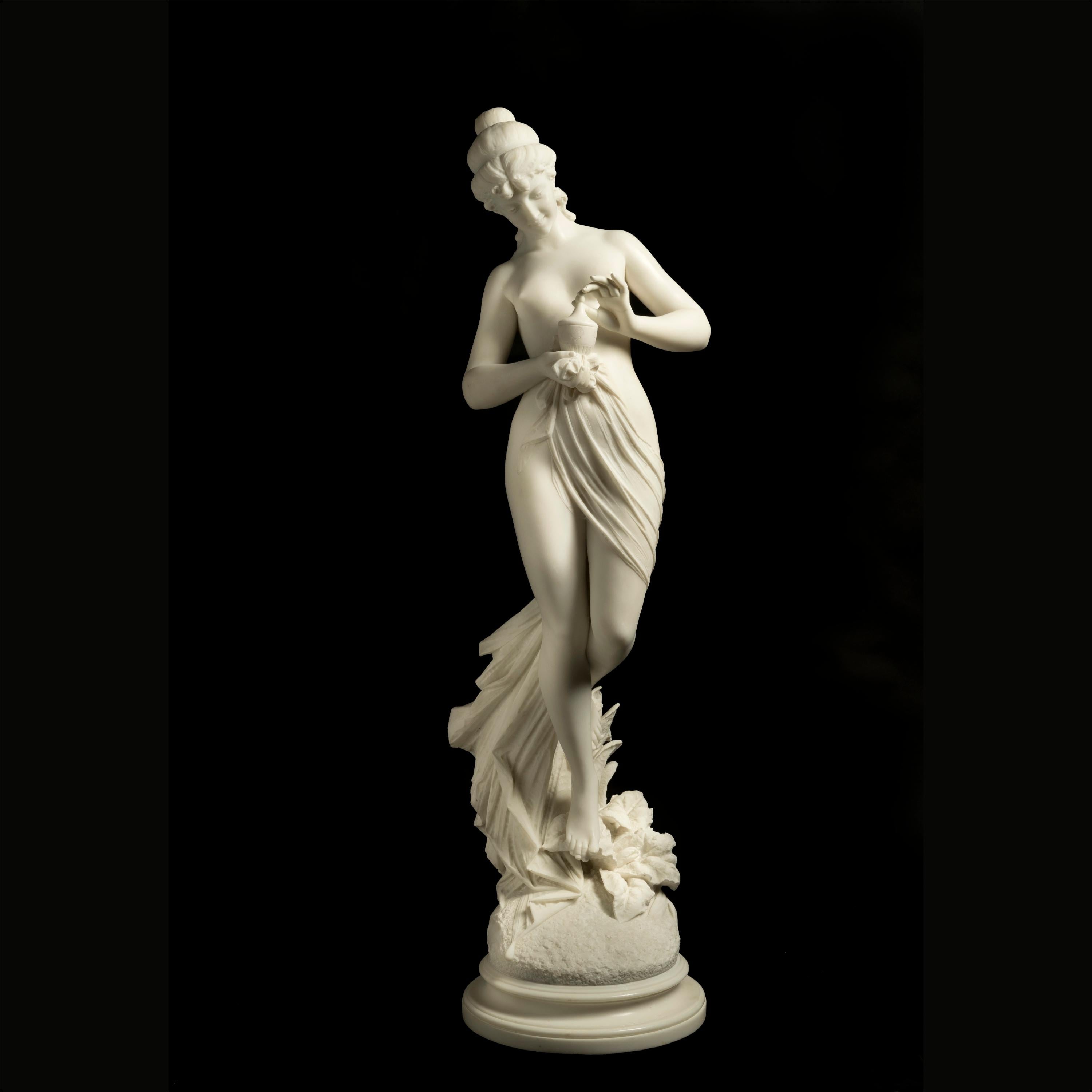 Pandora
By Ferdinando Andreini

Carved from statuary marble with great virtuosity, representing the mythological figure of Pandora, draped in a single flowing garb as she gazes at the small, lidded vase in her hands, a moment frozen in time as she