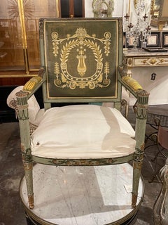 19th Century Italian Neo Classical Carved and Painted Arm Chair