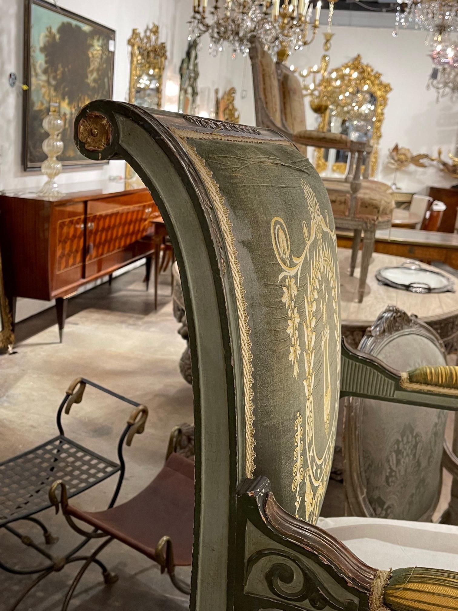 19th Century Italian Neo Classical Carved and Painted Arm Chair In Good Condition In Dallas, TX