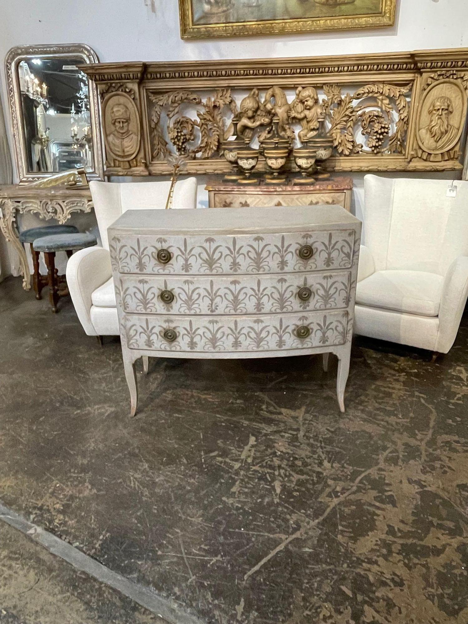 Lovely 19th century Italian curved front Neo-Classical painted commode. Beautiful patina and design on this piece. So pretty!!
