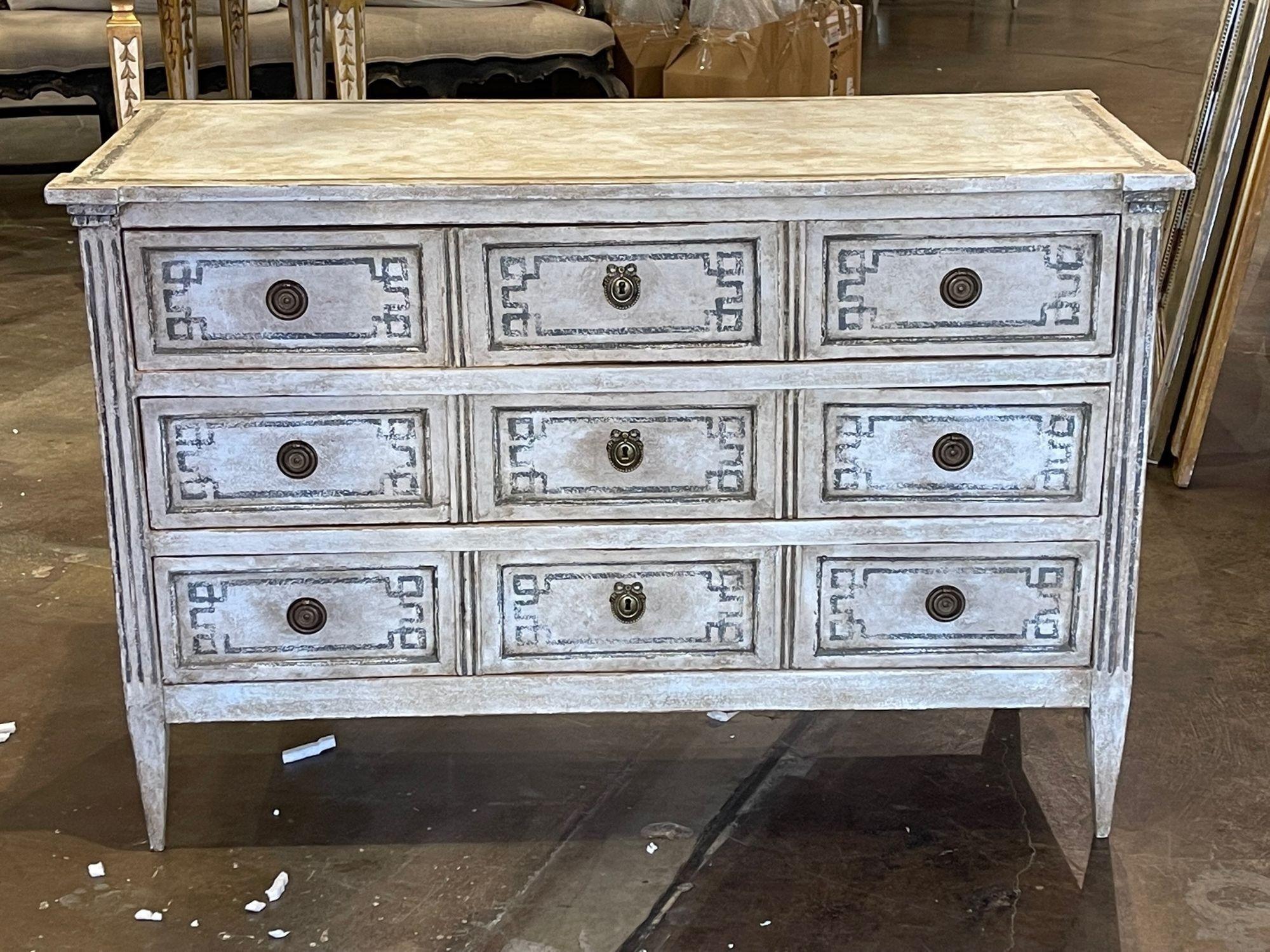 Lovely 19th century Italian Neo-Classical painted 3 drawer commode. This chest has 3 drawers for storage and simple clean lines. Very fine patina as well. So pretty!