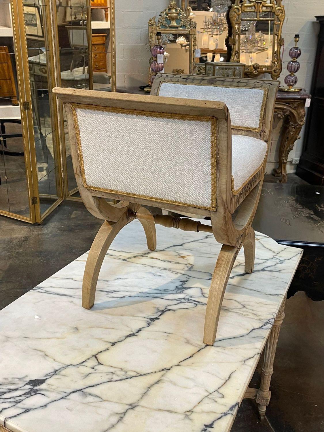 19th Century Italian Neo-Classical Style Carved and Bleached Upholstered Bench In Good Condition In Dallas, TX